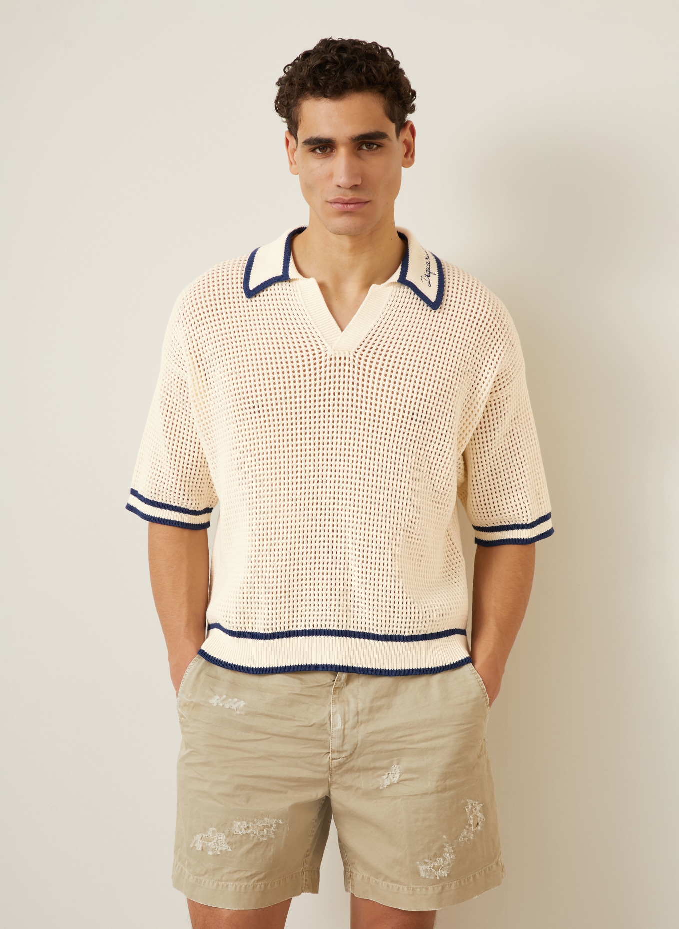 DSQUARED2 Strick-Poloshirt: CREME / DUNKELBLAU