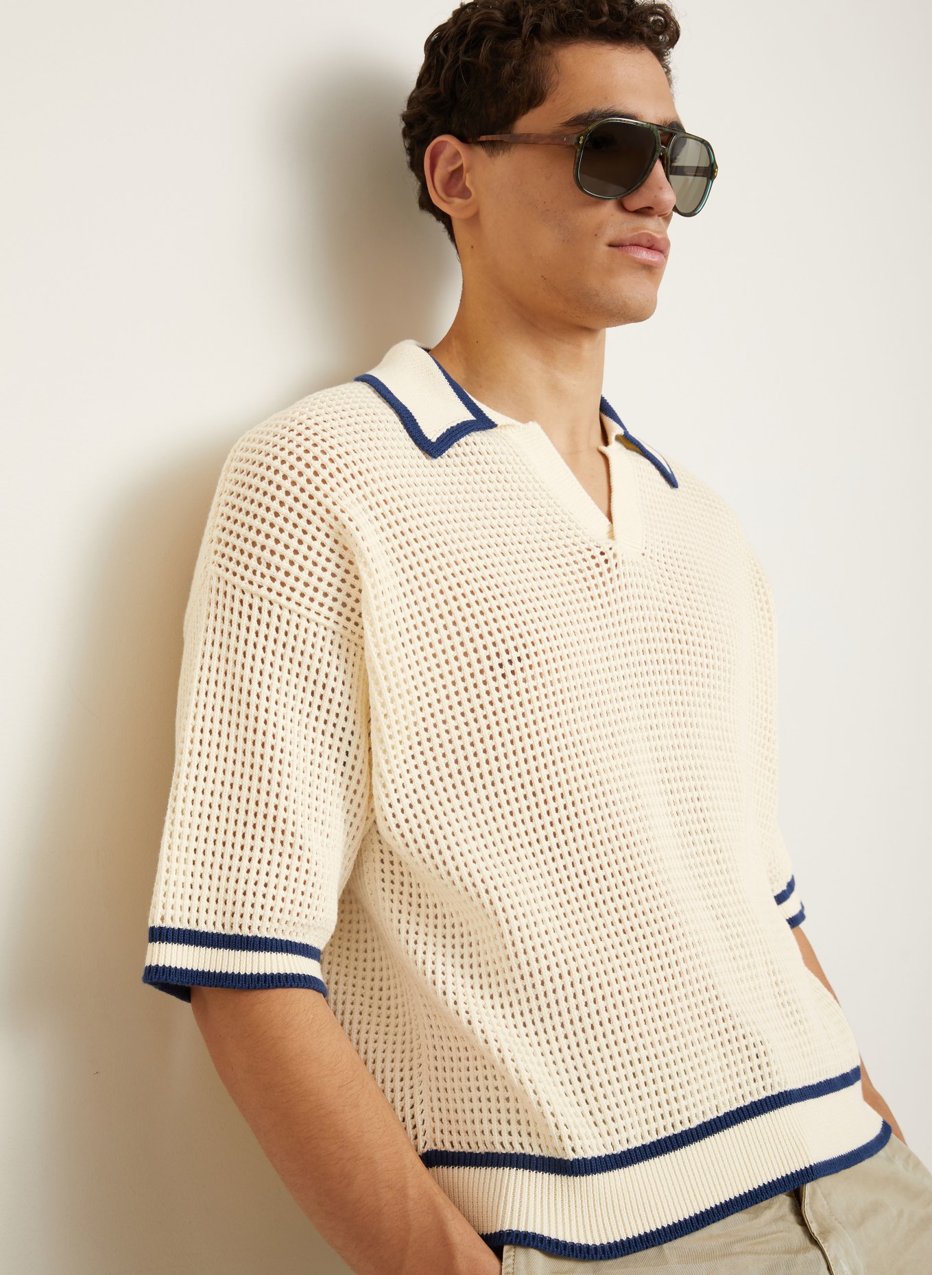 DSQUARED2 Strick-Poloshirt: CREME / DUNKELBLAU