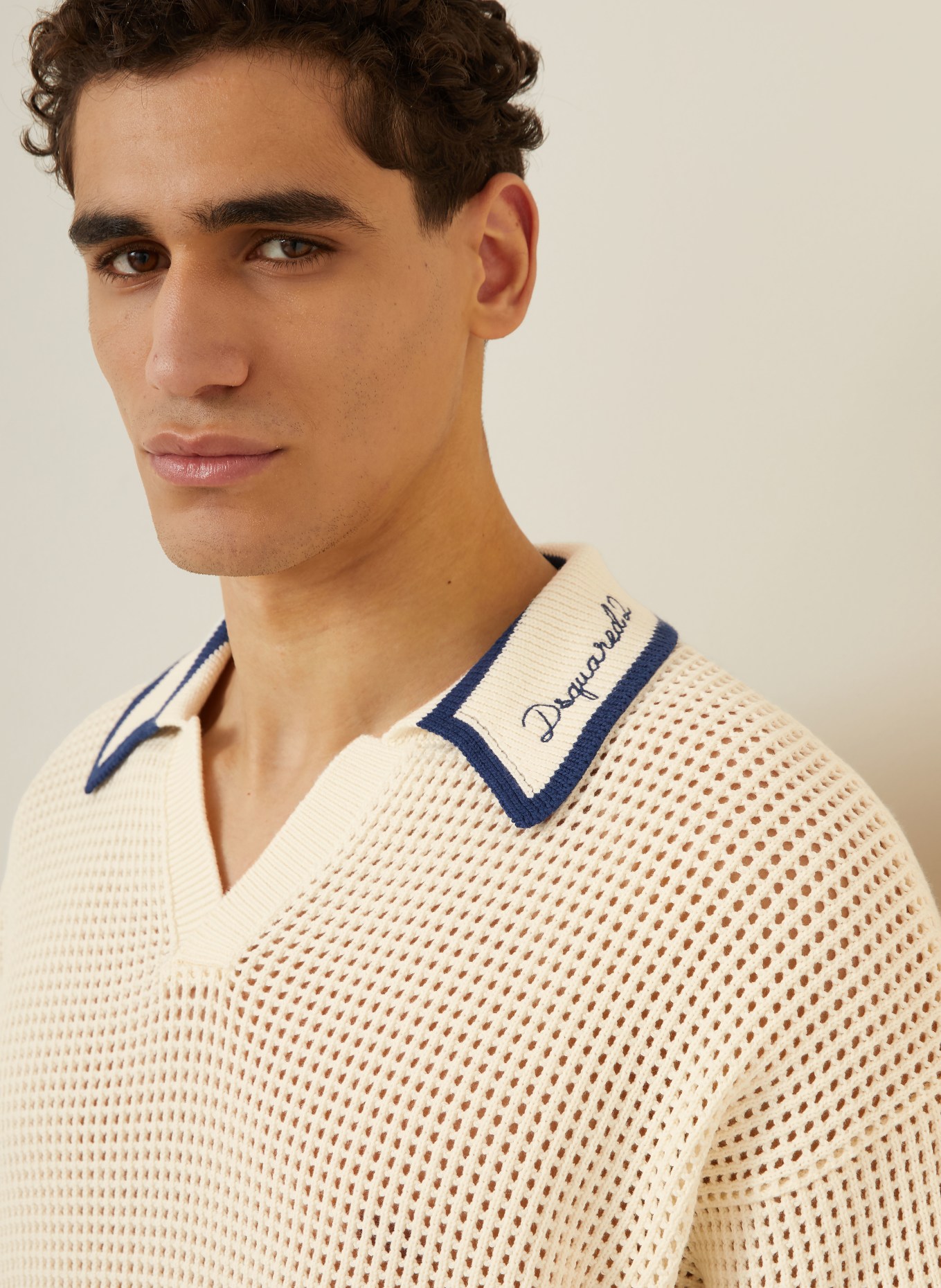 DSQUARED2 Strick-Poloshirt: CREME / DUNKELBLAU