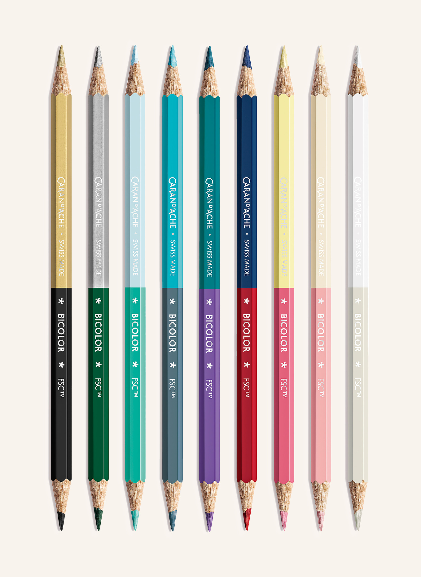 CARAN d'ACHE Set ALPINE FROST: Neun Zweifarbige Farbstifte und ein Pinsel: PETROL / TAUPE / HELLROT