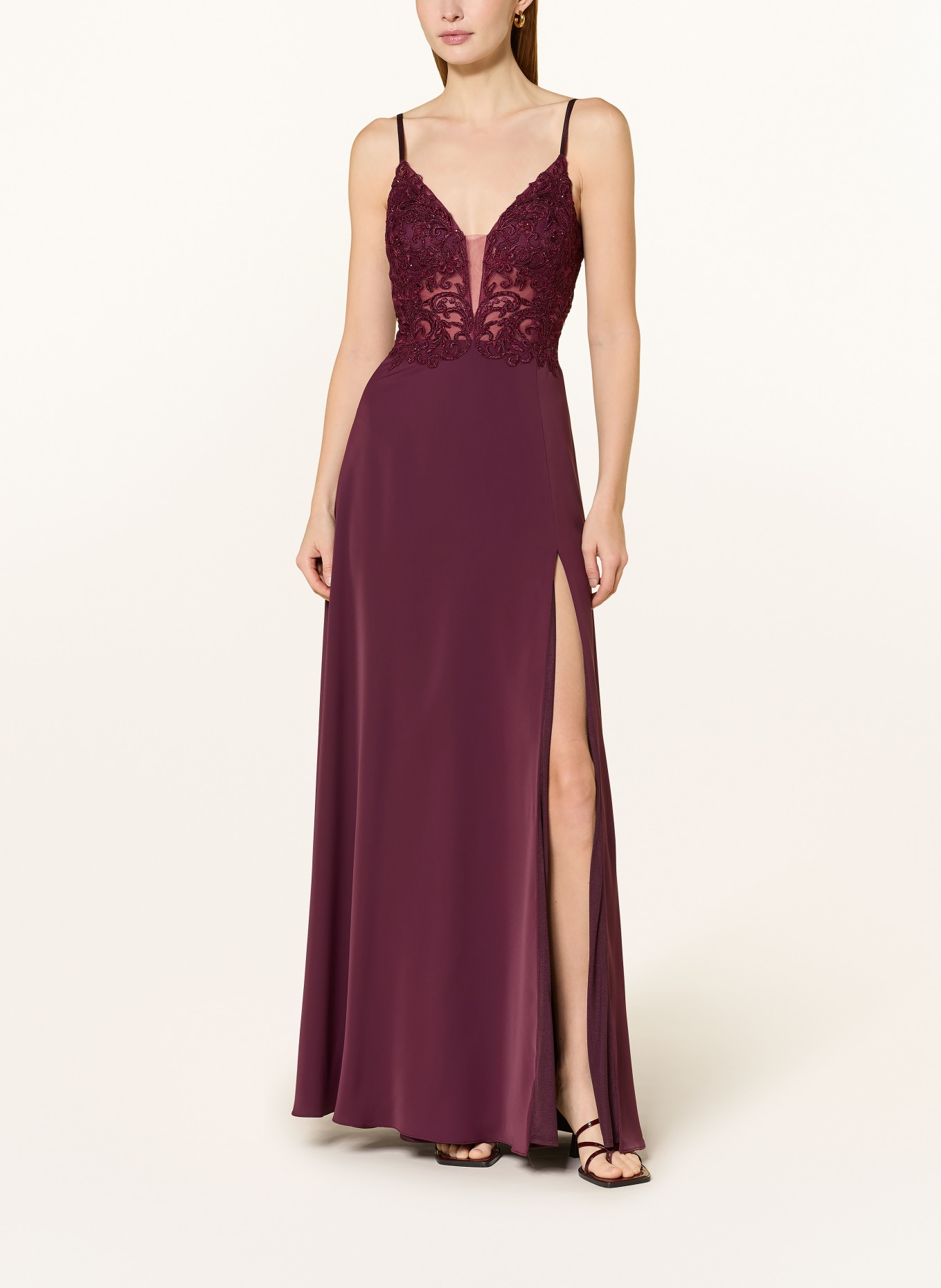 VM Vera Mont Abendkleid mit Spitze und Schmucksteinen: DUNKELROT