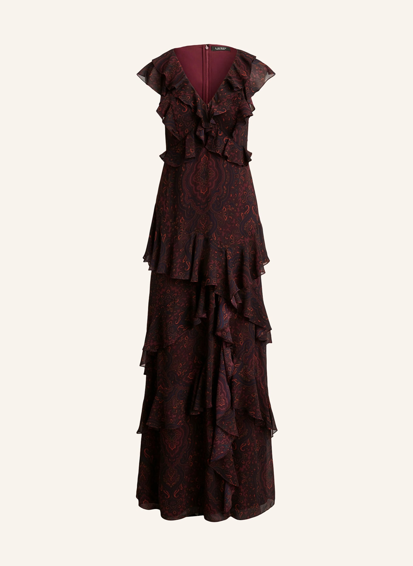 LAUREN RALPH LAUREN Abendkleid mit Volants: DUNKELROT / ROT / SCHWARZ