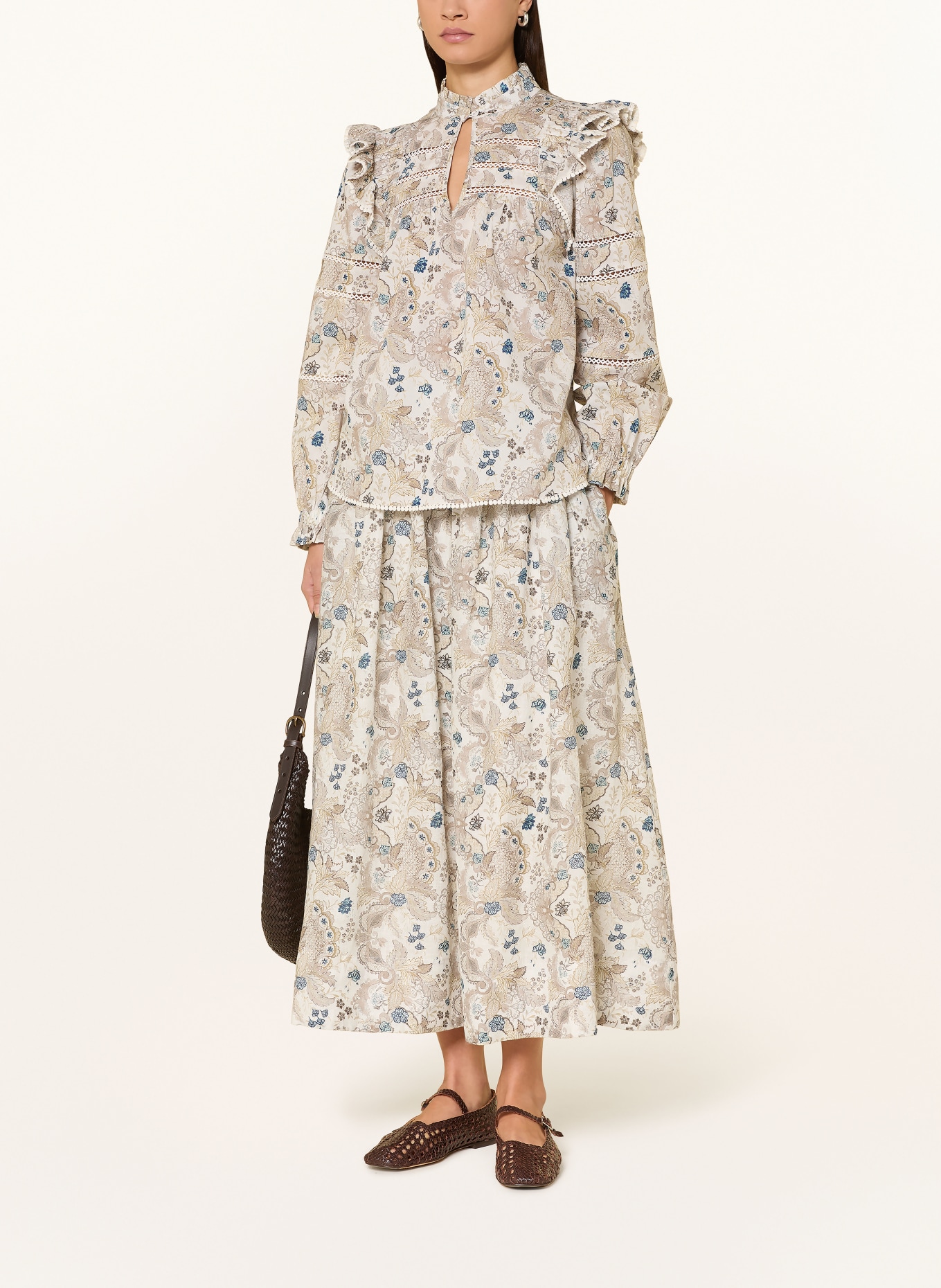 dea kudibal YARADEA blouse shirt with ruffles: CREAM / LIGHT BROWN / DARK BLUE