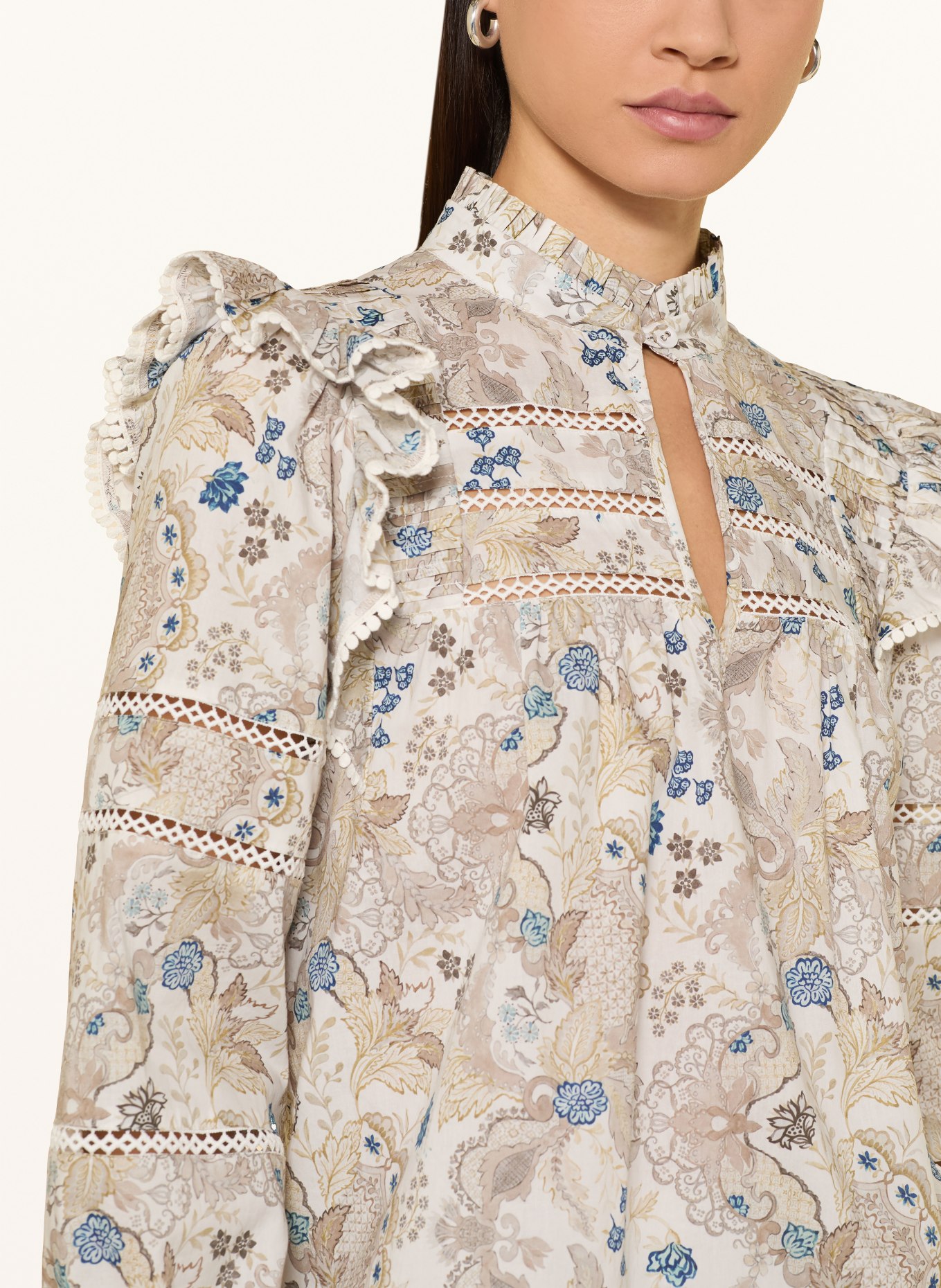 dea kudibal YARADEA blouse shirt with ruffles: CREAM / LIGHT BROWN / DARK BLUE