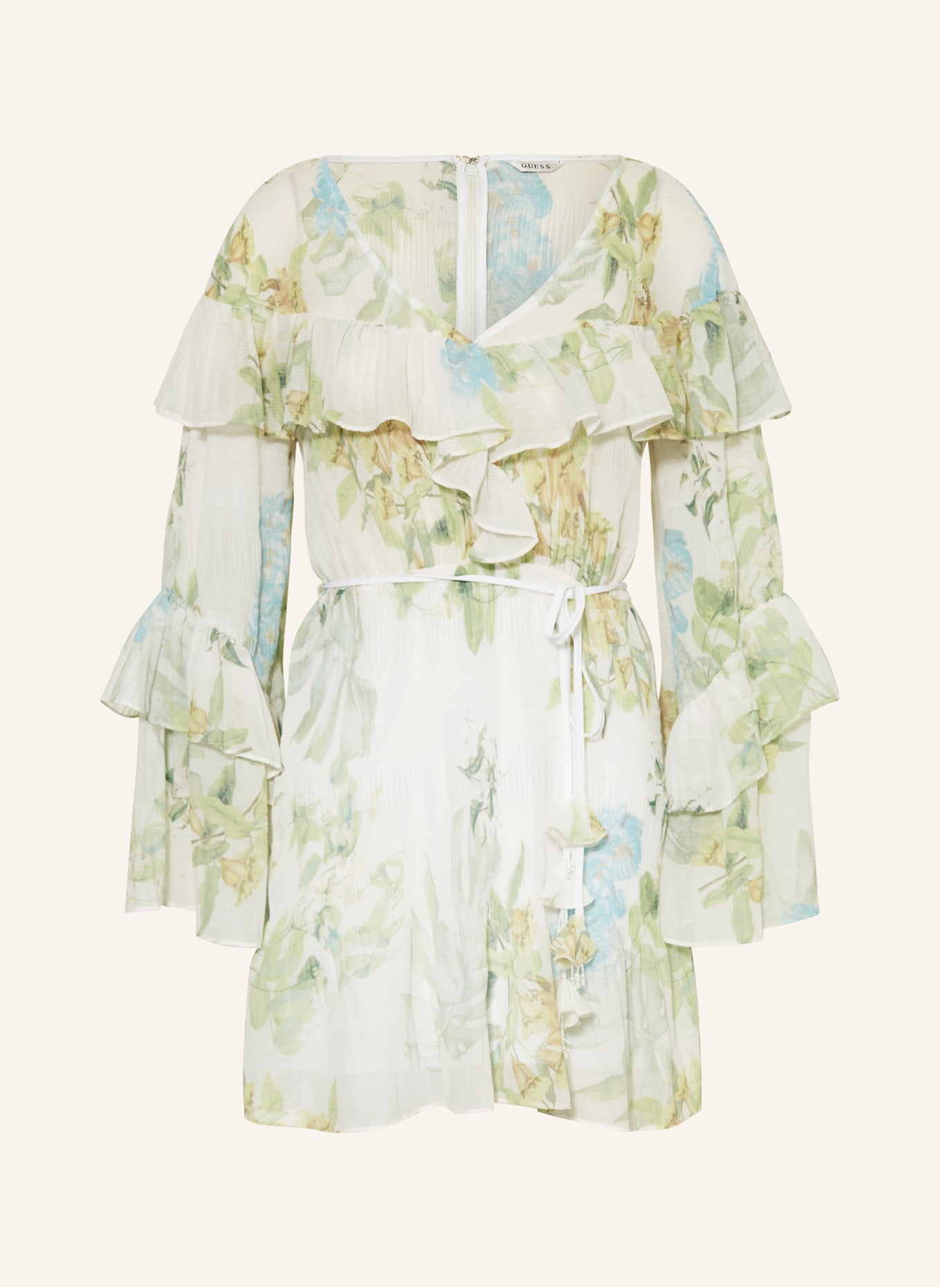 GUESS Šaty LAURENCE s volánky: KRÉMOVÁ / SVĚTLE ZELENÁ