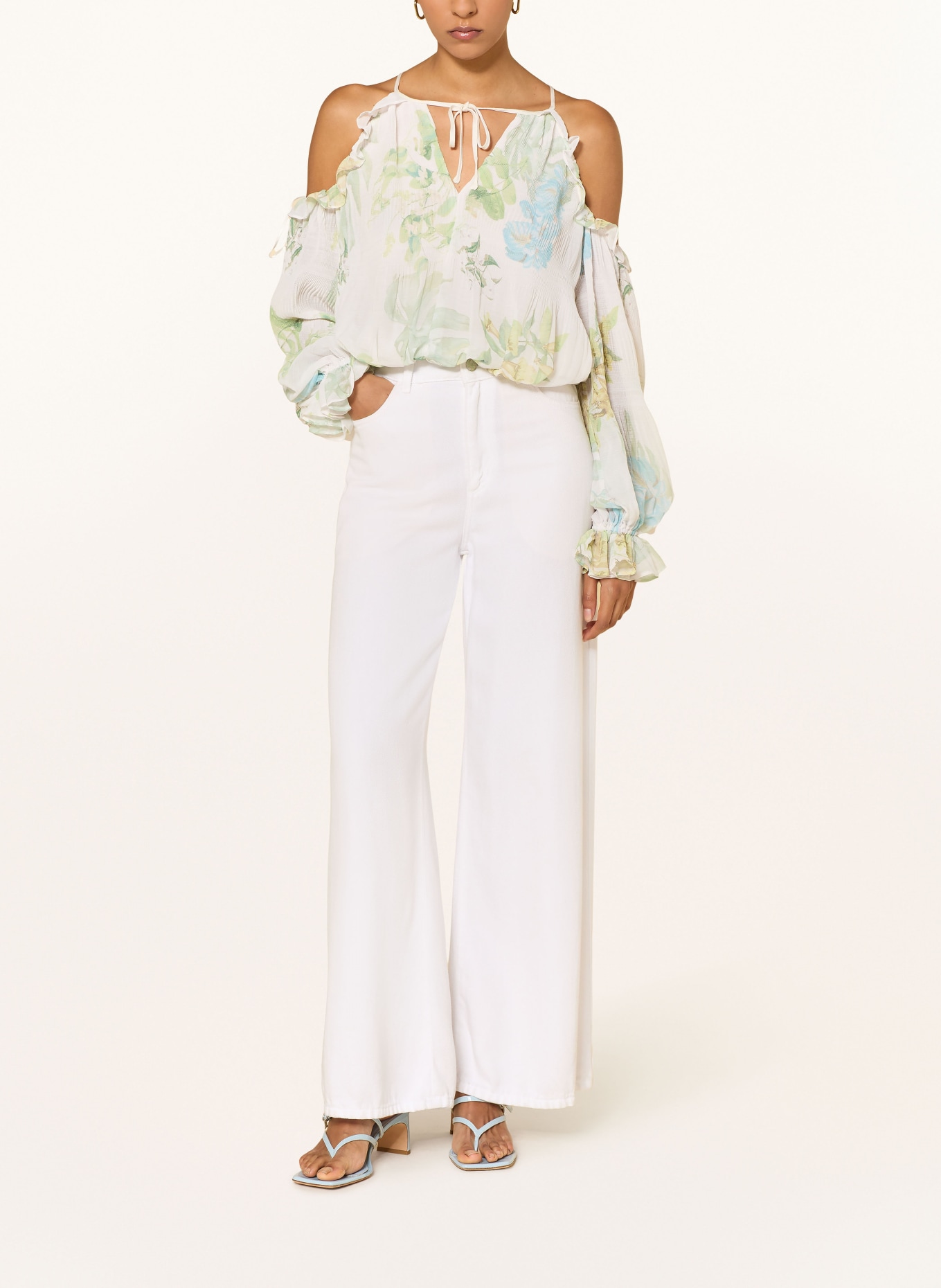 GUESS Cold-Shoulder-Shirt EMILY mit Cut-outs: CREME / HELLGRÜN