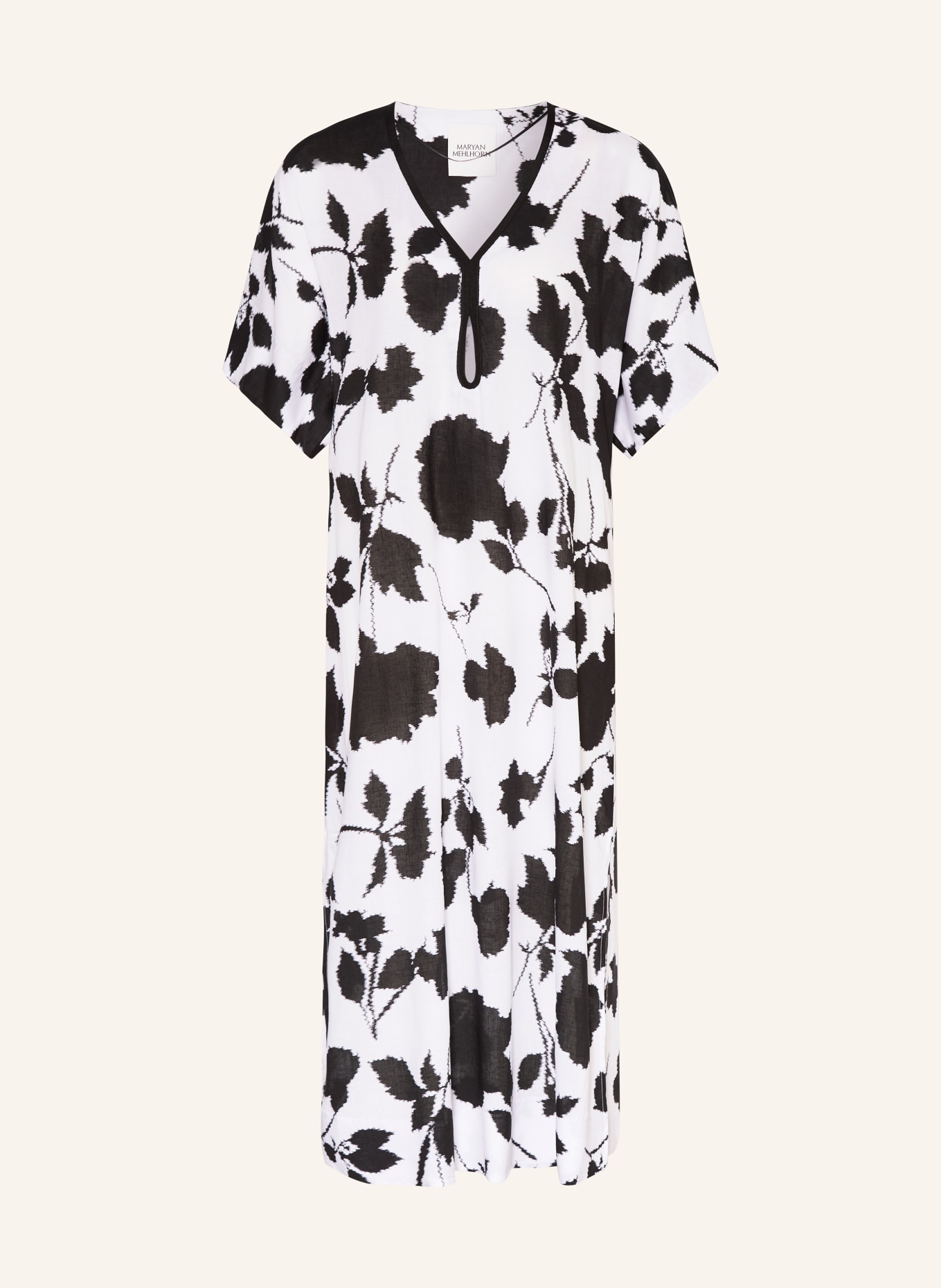 MARYAN MEHLHORN Plážové šaty FLORASCAPE s lnem: BÍLÁ / ČERNÁ