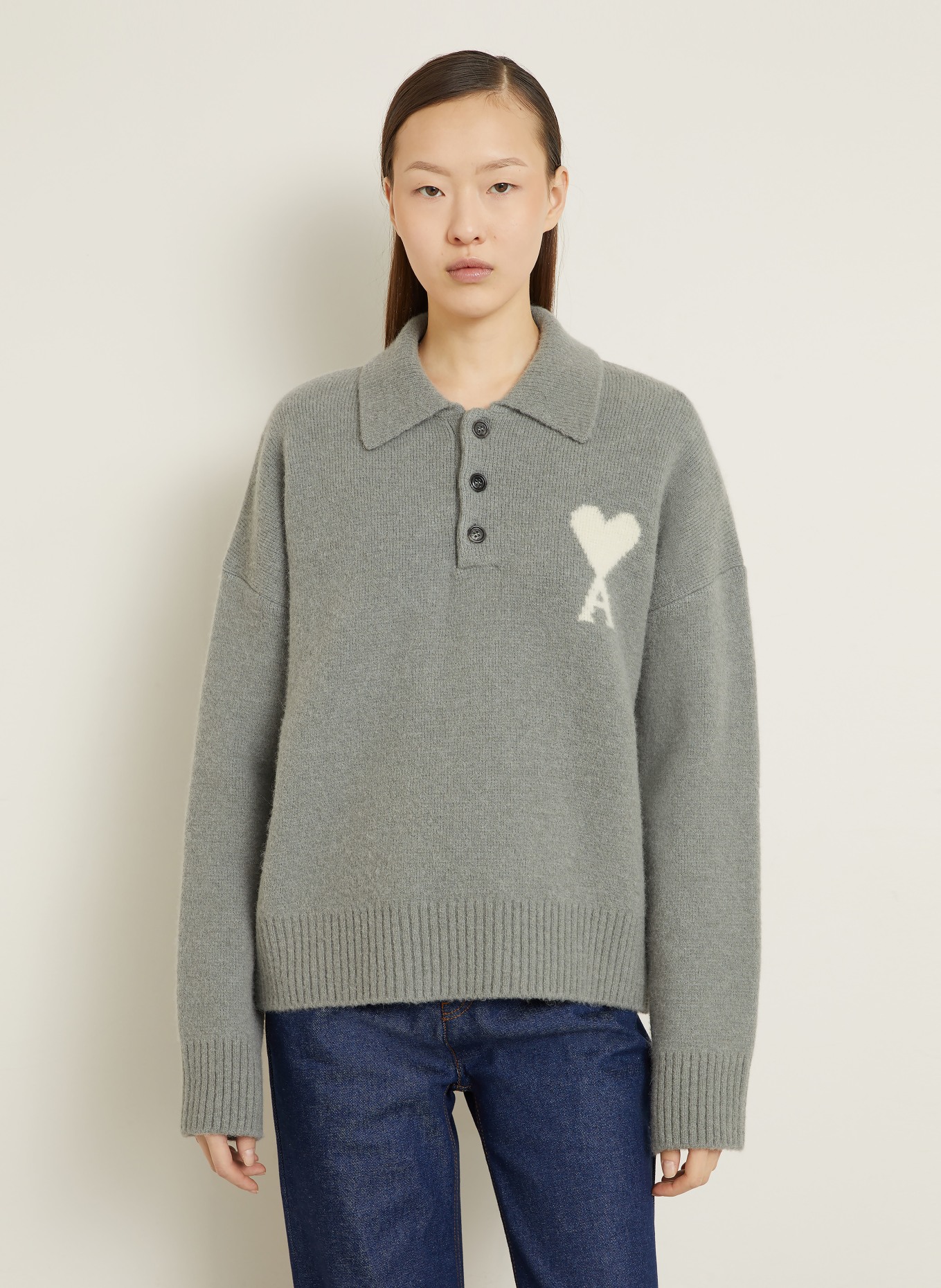 AMI PARIS Pullover mit Alpaka: GRAU / WEISS