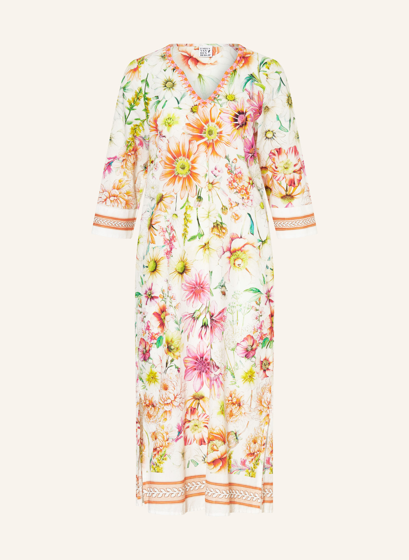 Emily VAN DEN BERGH Šaty s 3/4 rukávy a výšivkami: TMAVĚ ŽLUTÁ / RŮŽOVÁ / ORANŽOVÁ