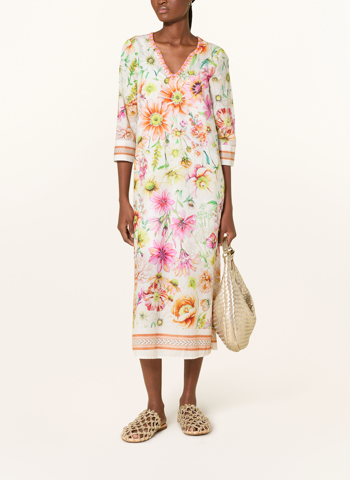 Emily VAN DEN BERGH Šaty s 3/4 rukávy a výšivkami: TMAVĚ ŽLUTÁ / RŮŽOVÁ / ORANŽOVÁ