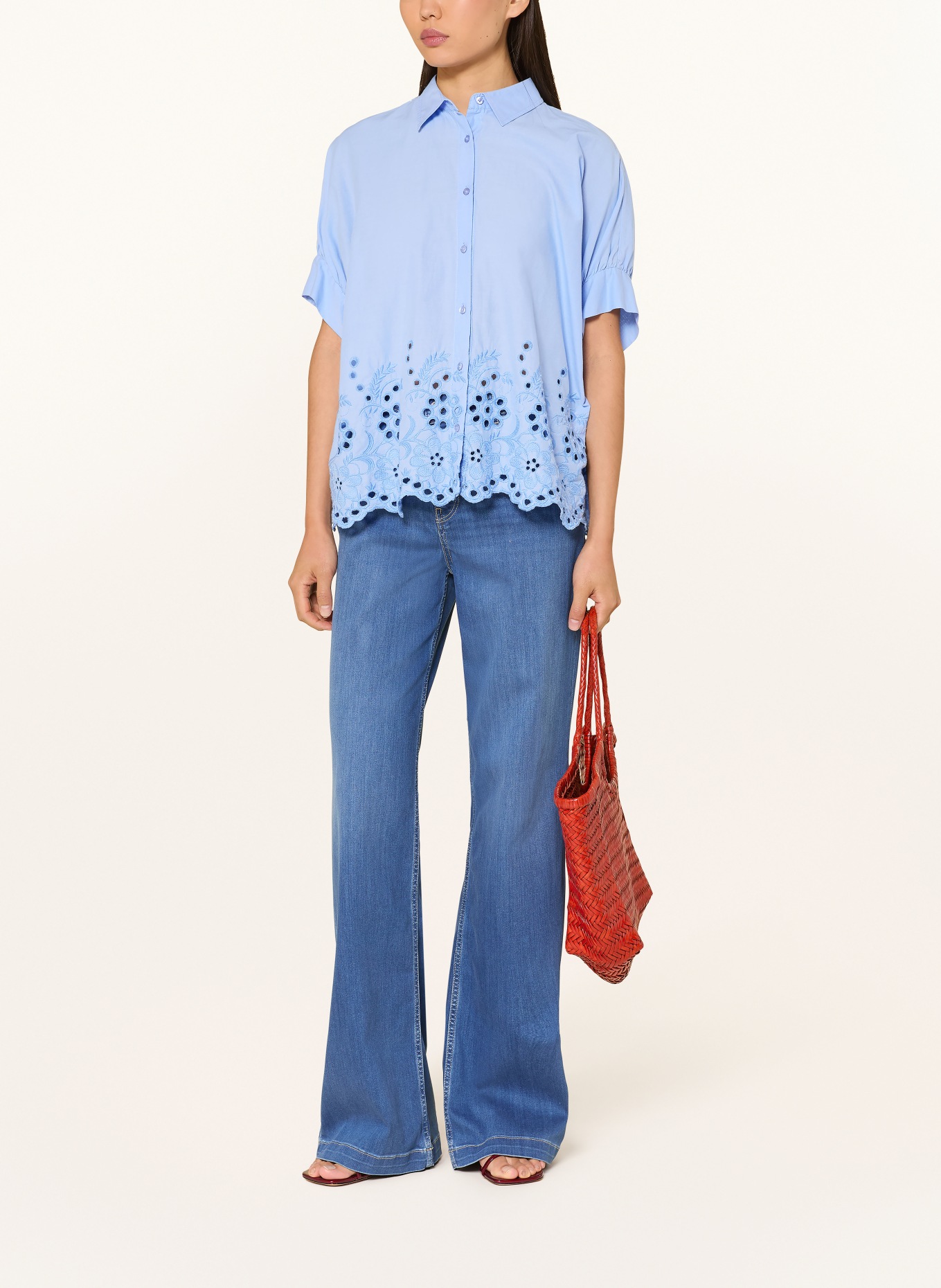 Emily VAN DEN BERGH Overhemdblouse met opengewerkte kant: LICHTBLAUW