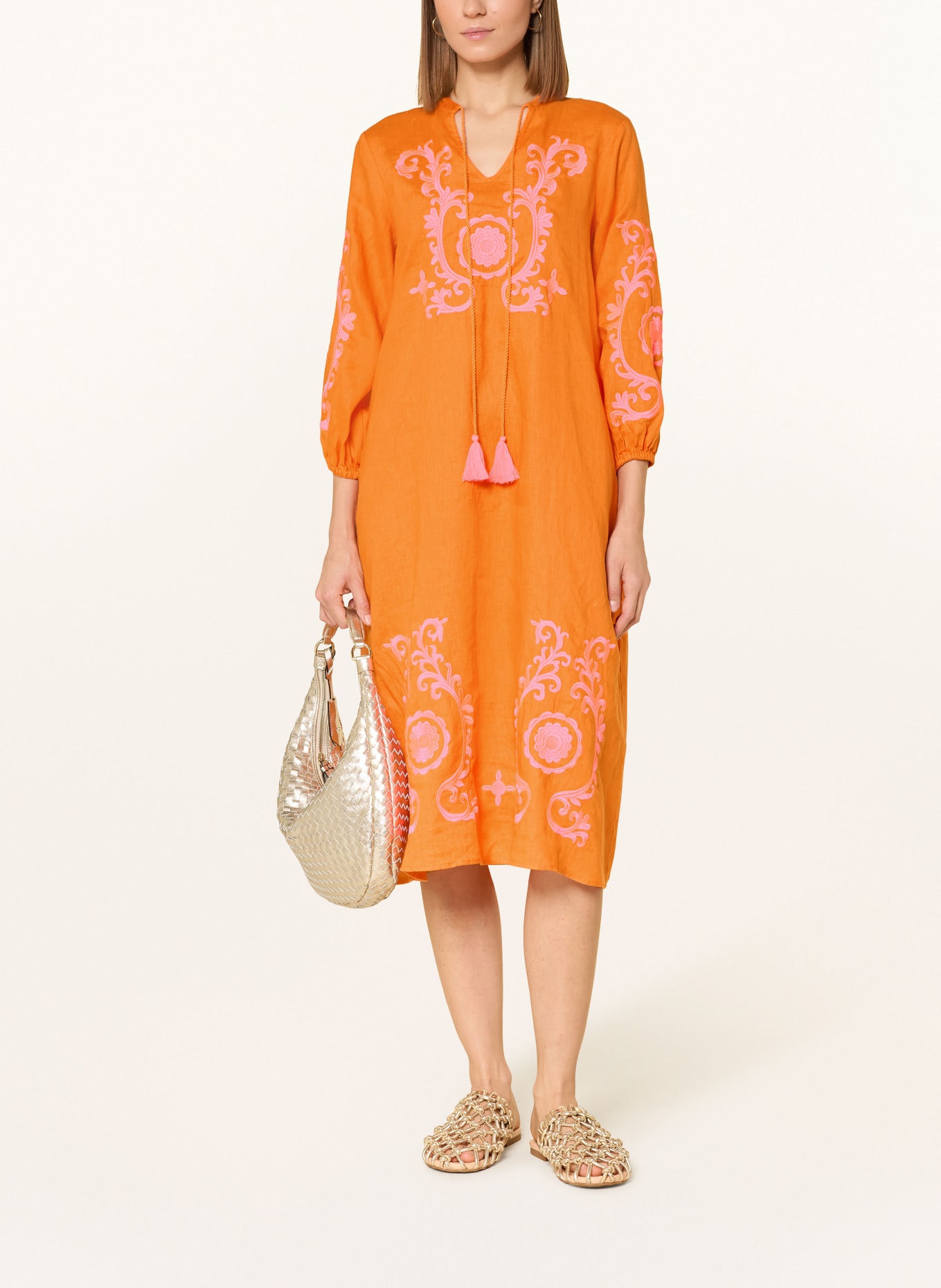 Emily VAN DEN BERGH Leinenkleid mit 3/4-Arm: ORANGE / NEONPINK