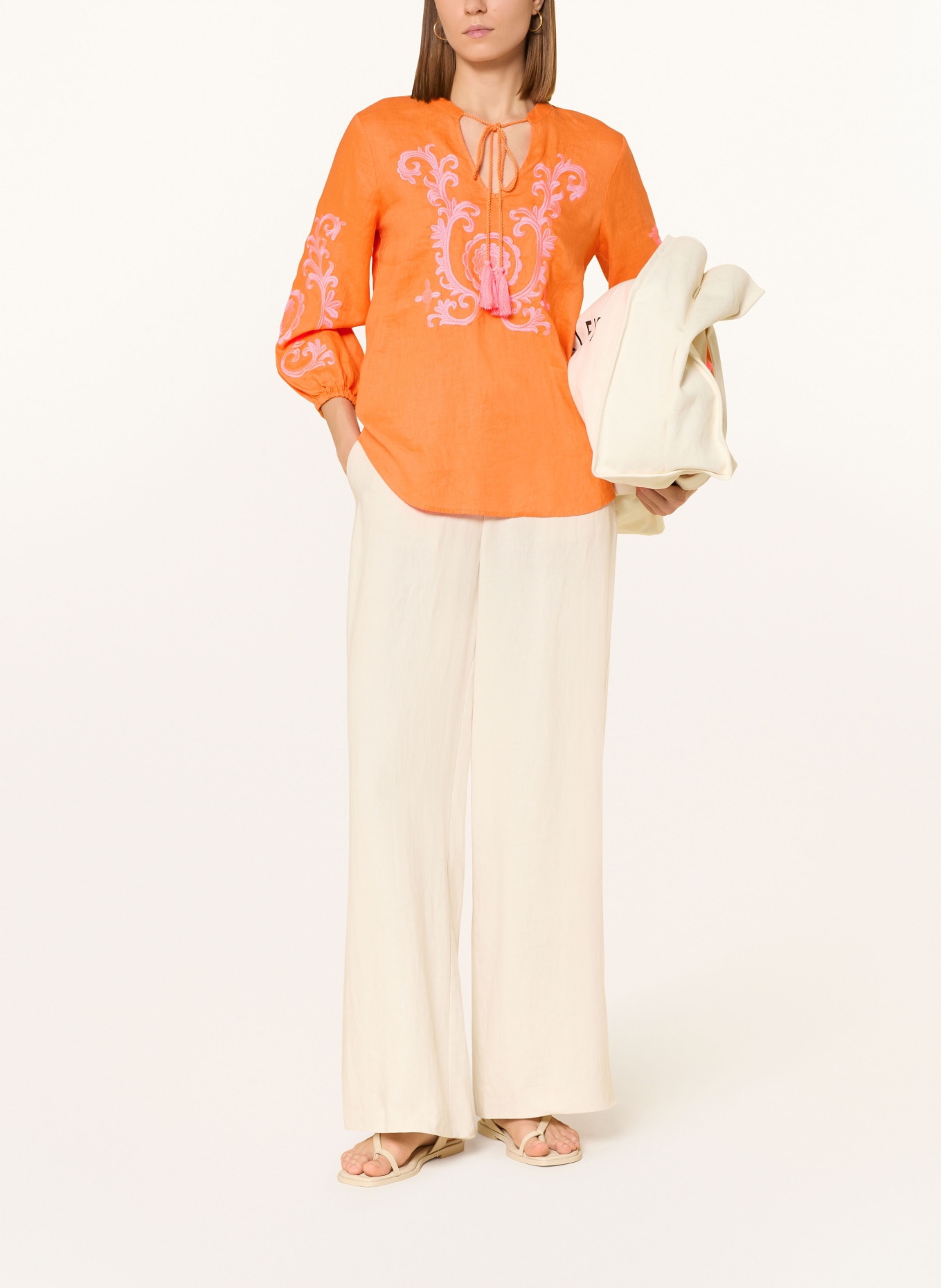 Emily VAN DEN BERGH Blusenshirt aus Leinen mit 3/4-Arm: ORANGE / NEONPINK