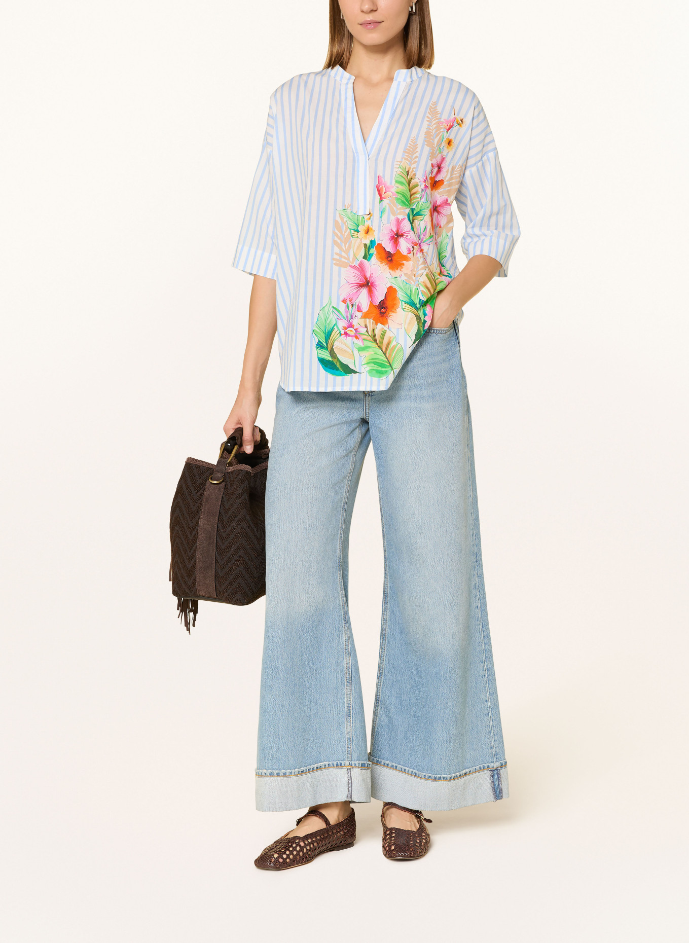 Emily VAN DEN BERGH Blusenshirt mit 3/4-Arm: HELLBLAU / ORANGE / WEISS