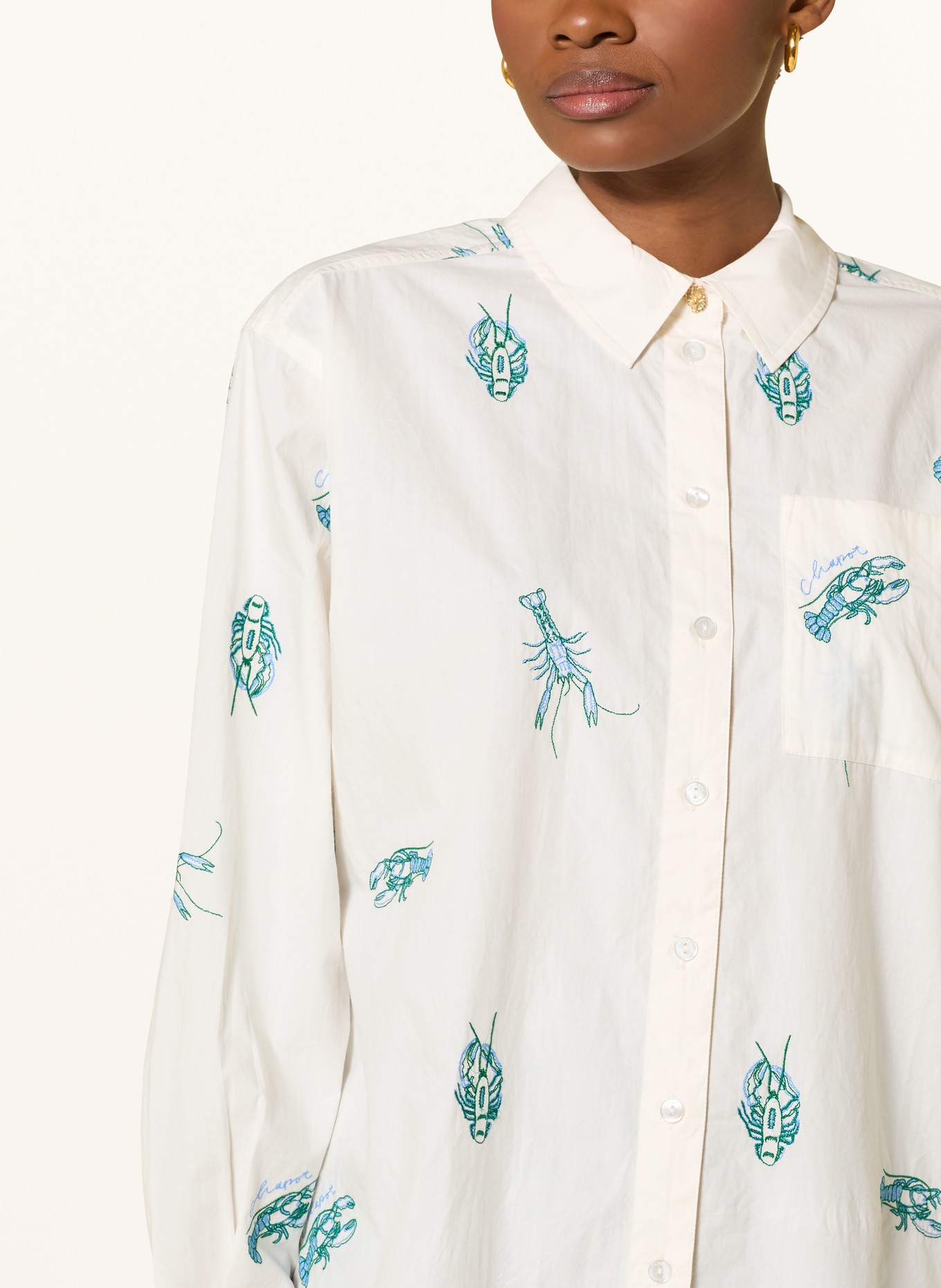 FABIENNE CHAPOT Hemdbluse ALEX mit Stickereien: WEISS / GRÜN / BLAU