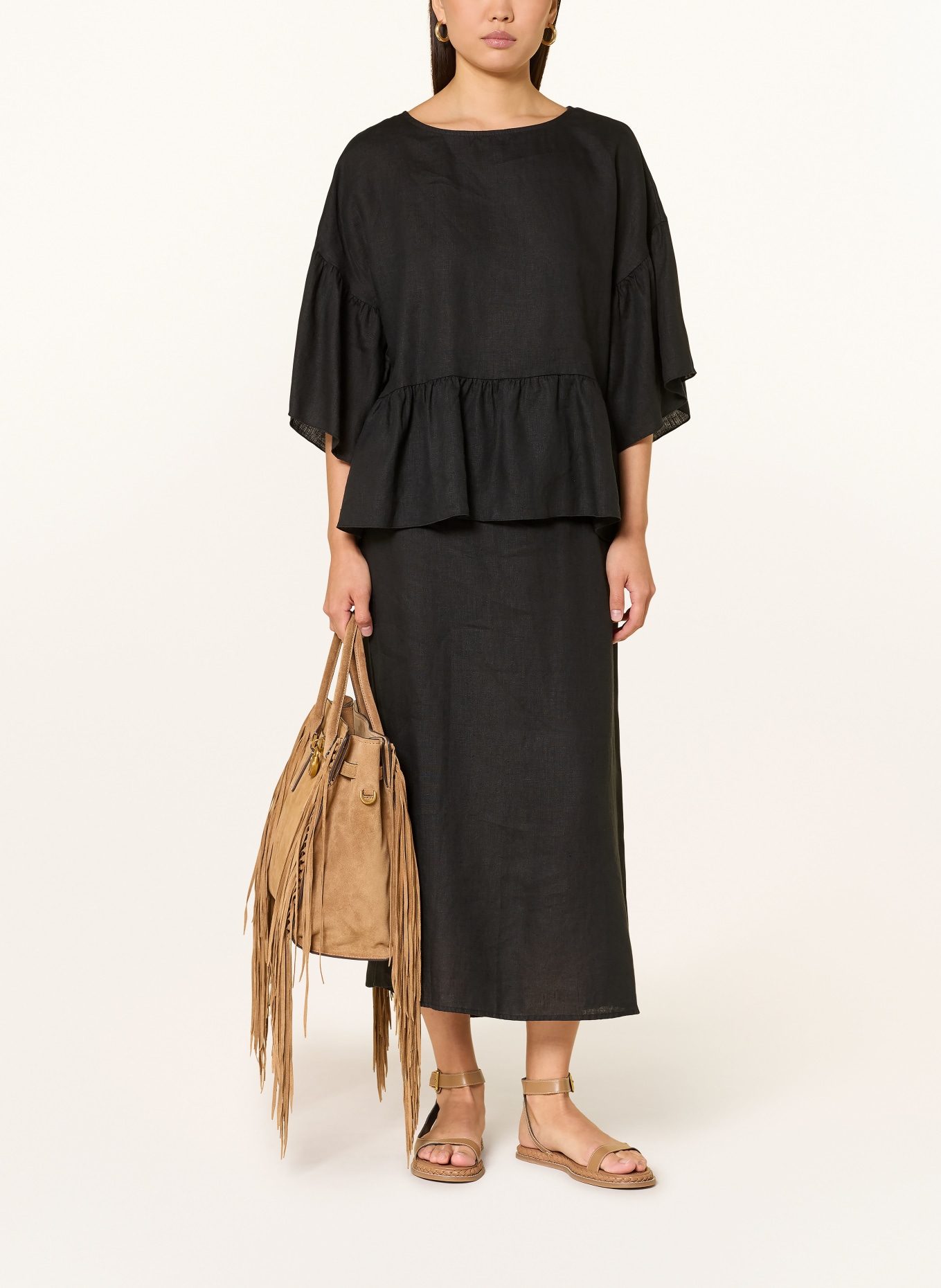 TONNO & PANNA Linen blouse shirt with 3/4 sleeves: BLACK