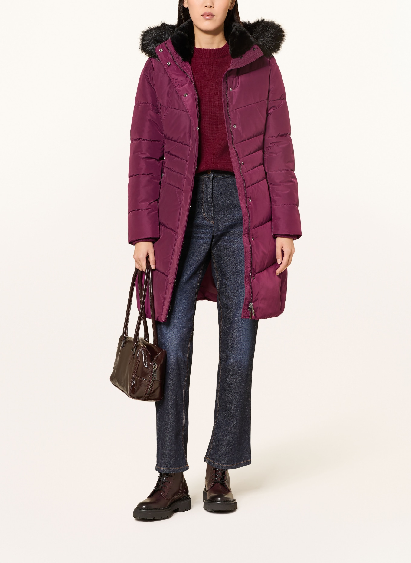 HOBBS Steppmantel mit Kunstfell und abnehmbarer Kapuze: FUCHSIA / SCHWARZ