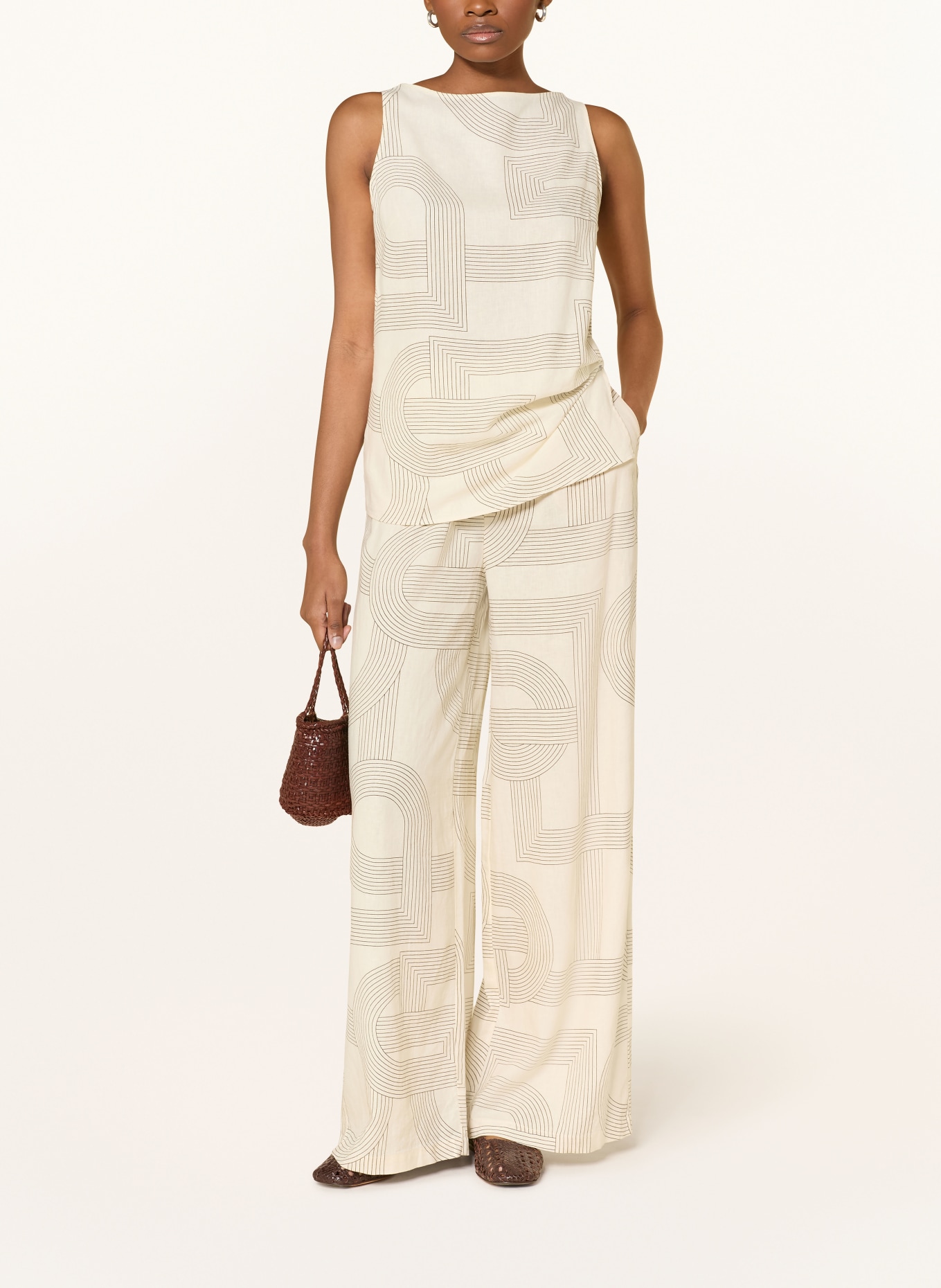 comma Blusentop mit Leinen: ECRU / DUNKELBRAUN