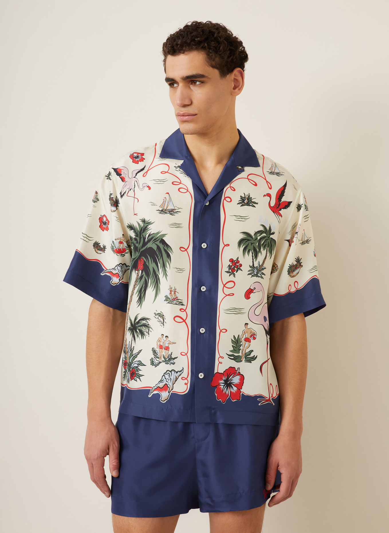 DSQUARED2 Chemise à manches courtes en soie: CRÈME / GROEN / BLEU FONCÉ