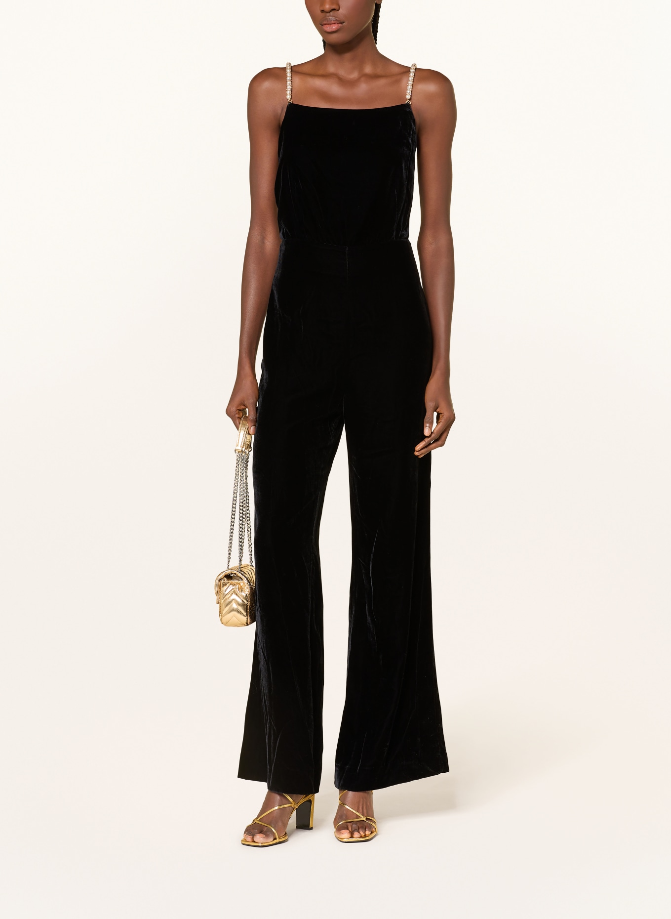 SANDRO Jumpsuit aus Samt mit Schmuckperlen: SCHWARZ / WEISS