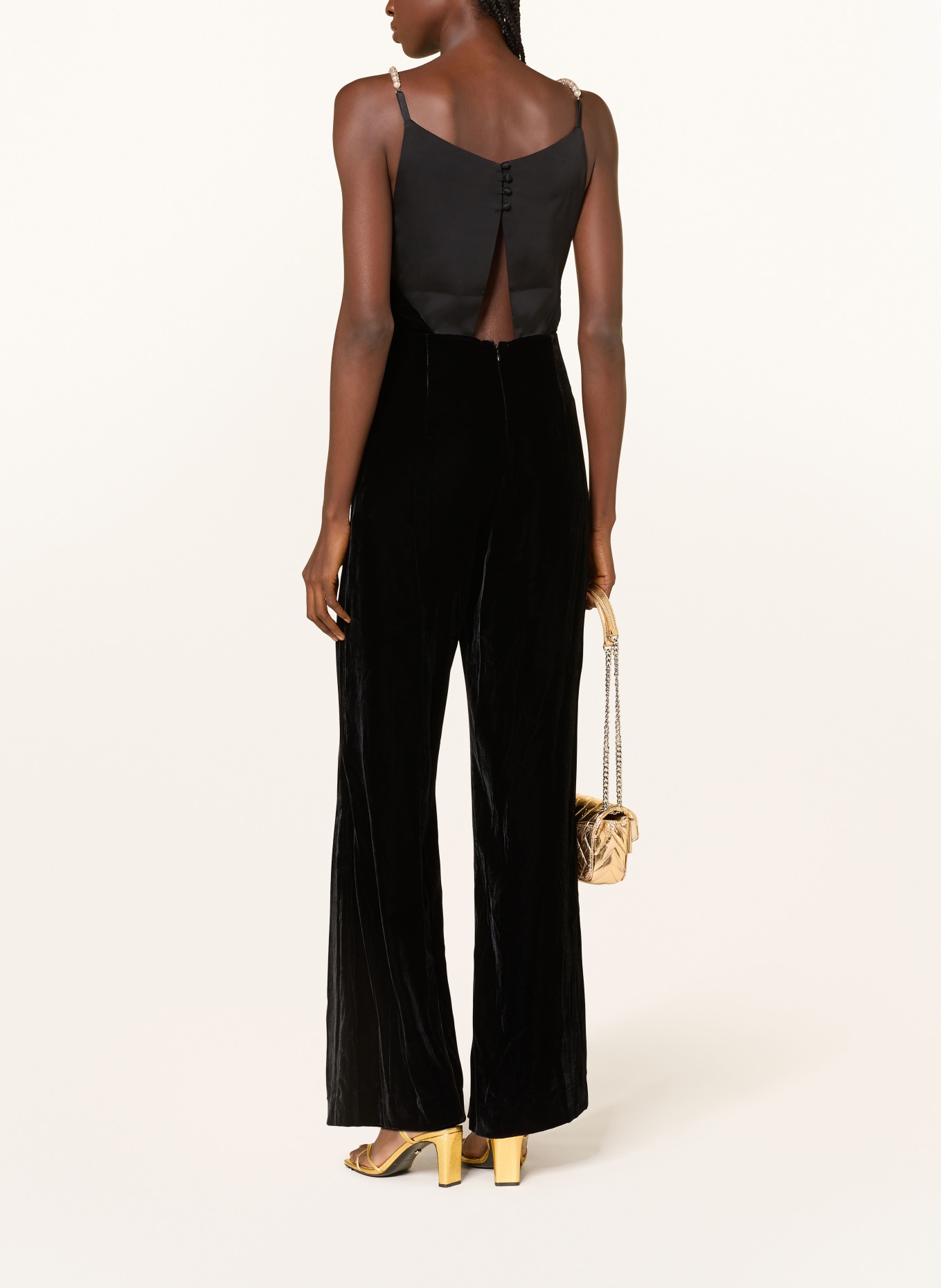 SANDRO Jumpsuit aus Samt mit Schmuckperlen: SCHWARZ / WEISS