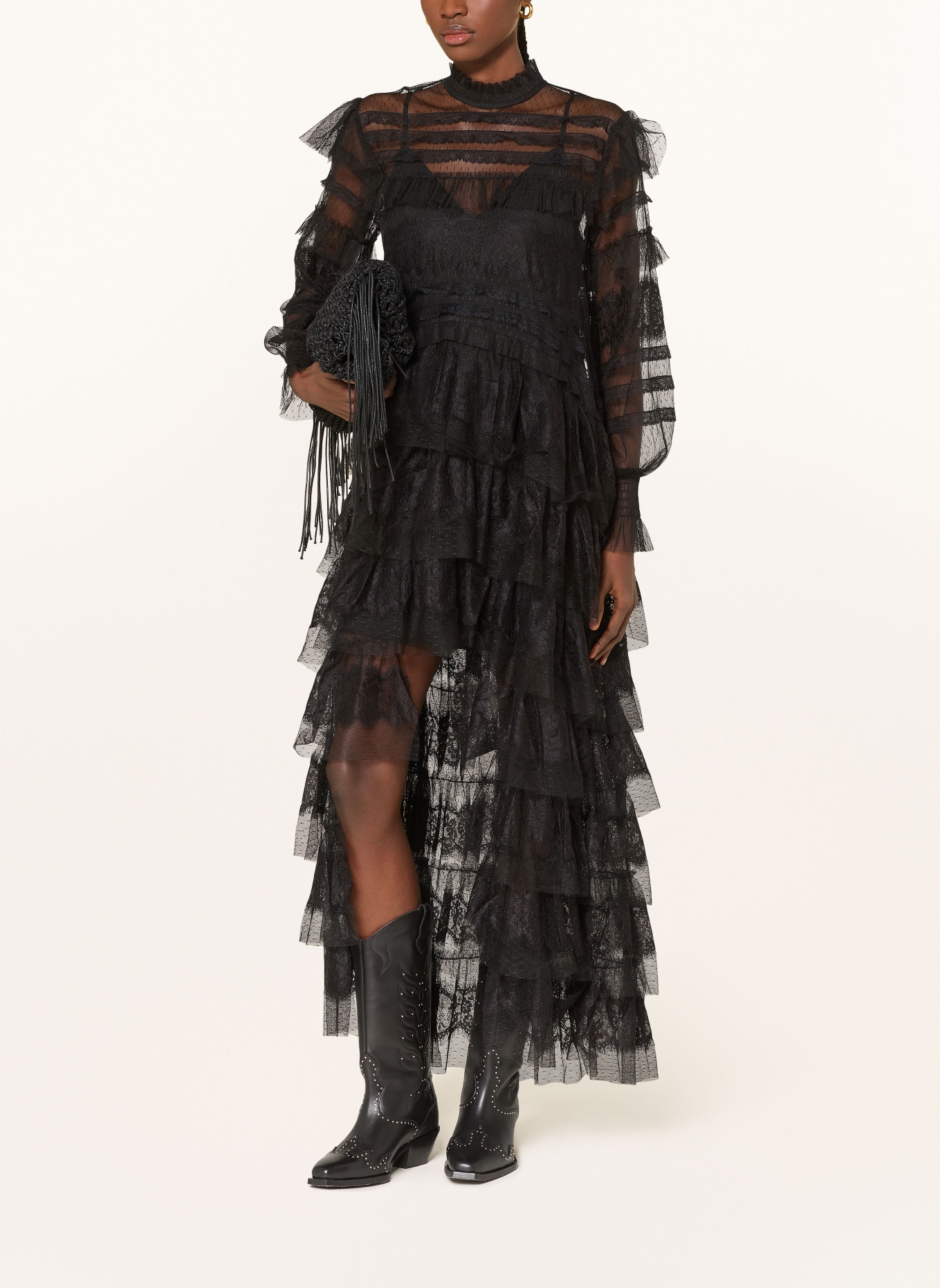 ALLSAINTS Spitzenkleid CAVARLY mit Volants: SCHWARZ