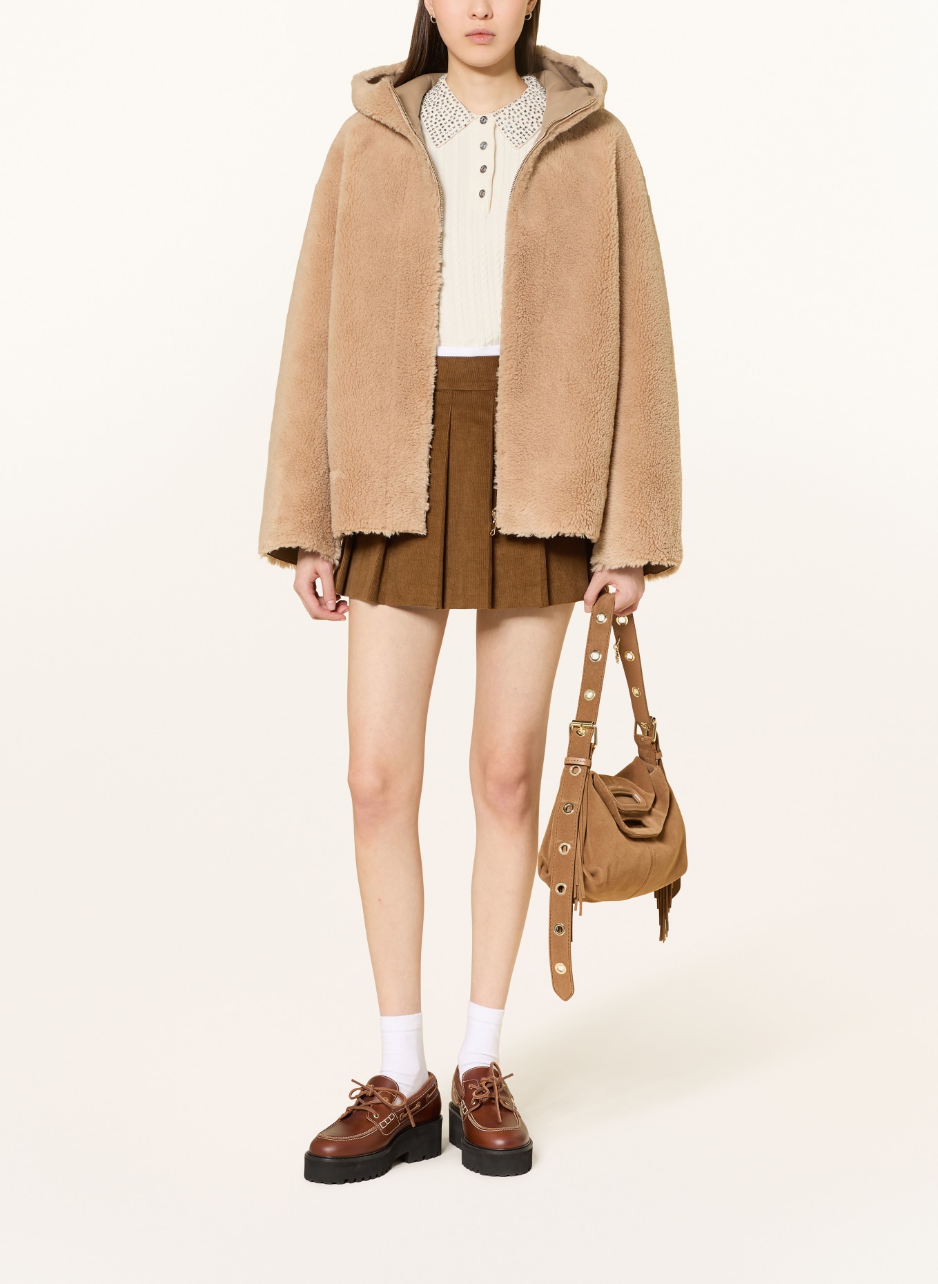 maje Teddyfell-Jacke zum Wenden: CAMEL