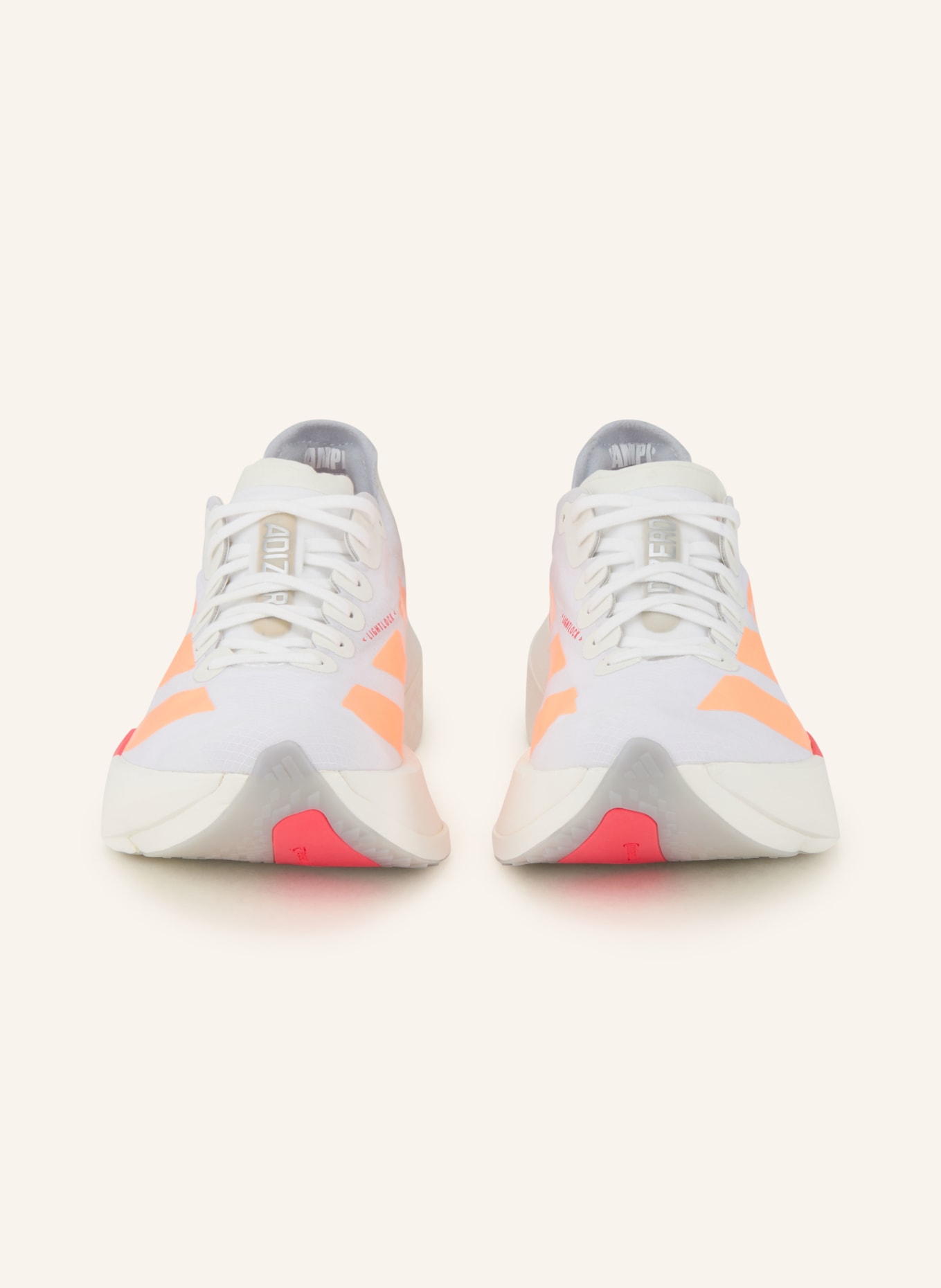 adidas ADIZERO ADIOS PRO 4 running shoes: WHITE / LIGHT GRAY / NEON ORANGE