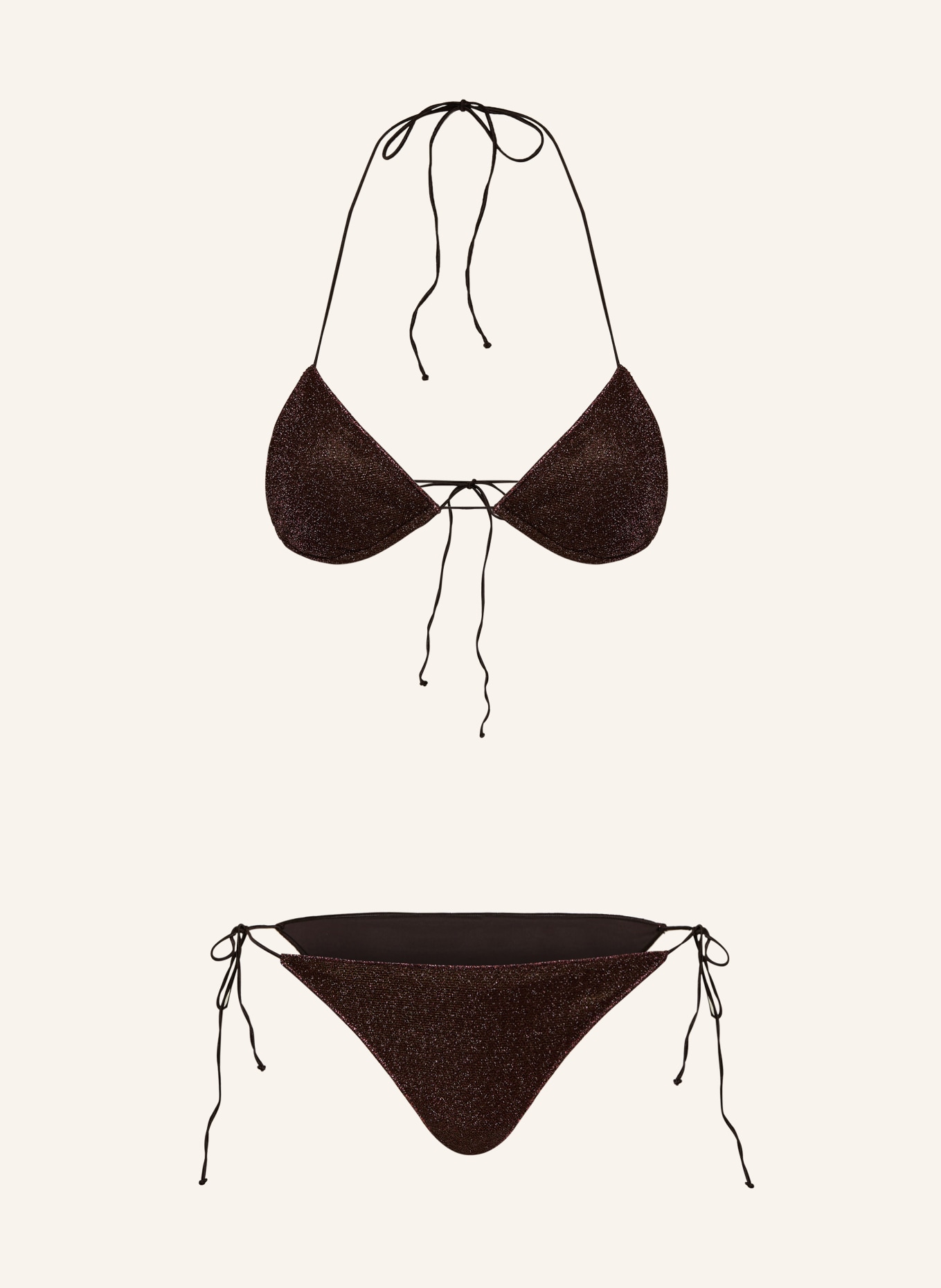 Oséree Bikiny s trojúhelníkovým horním dílem LUMIERE s třpytivou přízí: TMAVĚ HNĚDÁ / BARVA RŮŽOVÉHO ZLATA