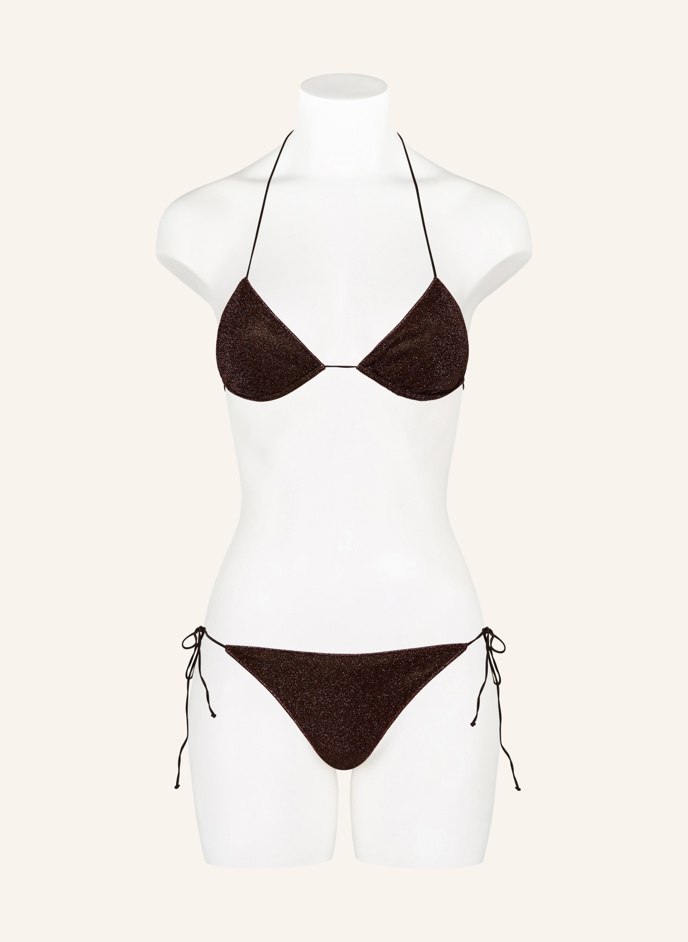 Oséree Bikiny s trojúhelníkovým horním dílem LUMIERE s třpytivou přízí: TMAVĚ HNĚDÁ / BARVA RŮŽOVÉHO ZLATA