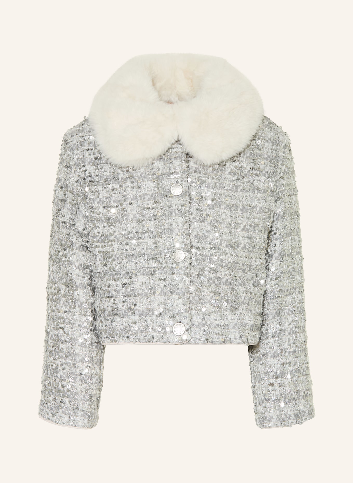 Billieblush Kastenjacke mit Pailletten und Kunstfell: SILBER / ECRU