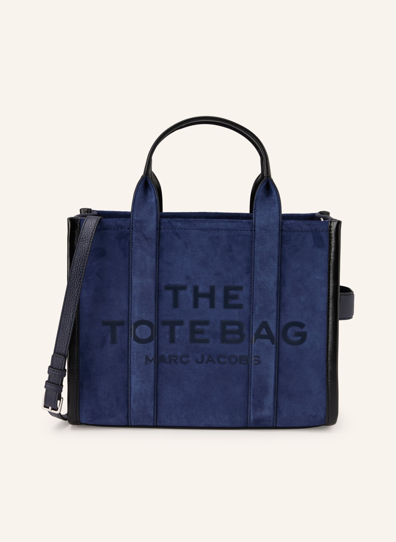 MARC JACOBS Shopper THE SUEDE MEDIUM TOTE BAG: DARK BLUE / SILVER / BLACK