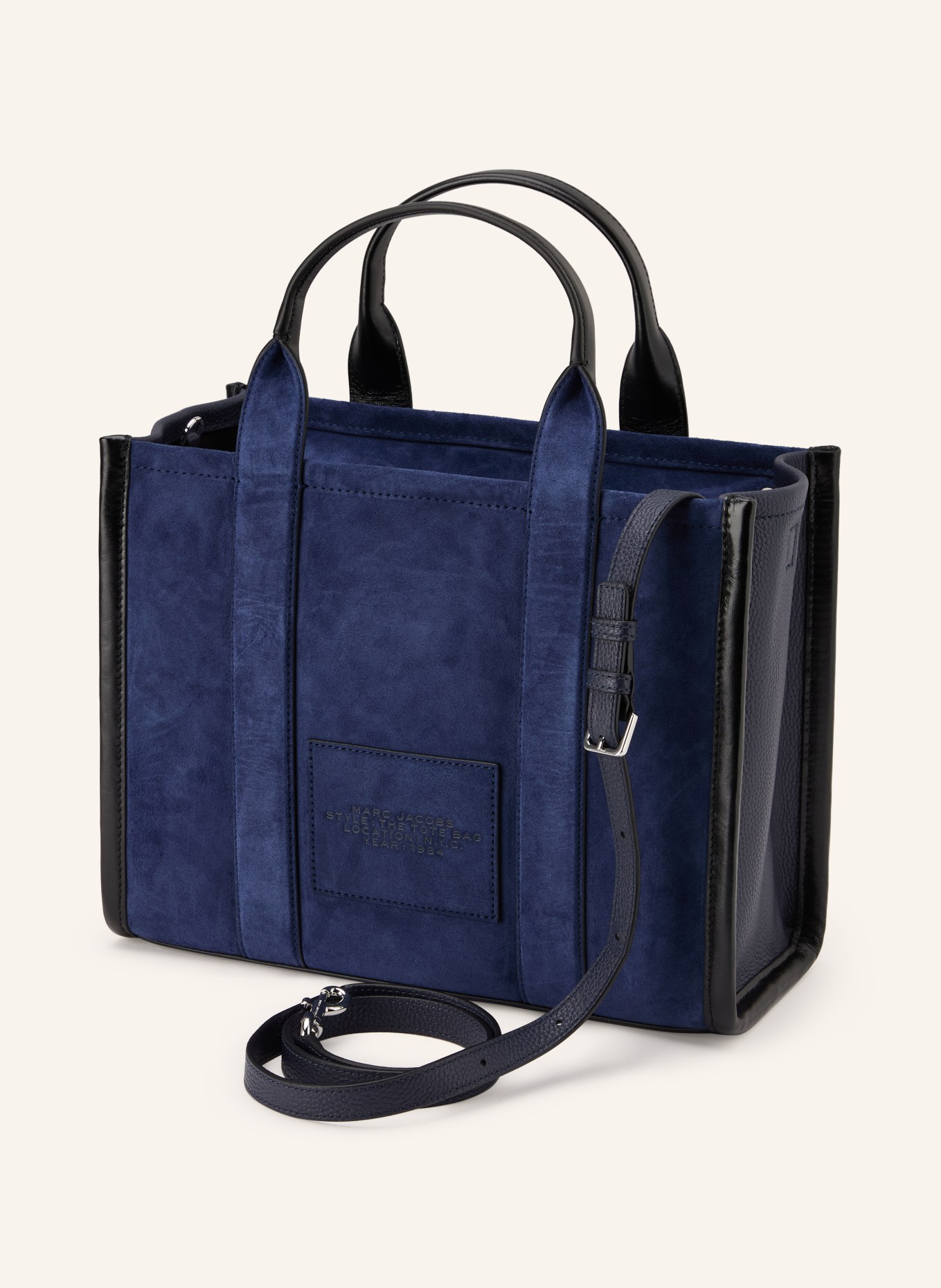 MARC JACOBS Shopper THE SUEDE MEDIUM TOTE BAG: DARK BLUE / SILVER / BLACK