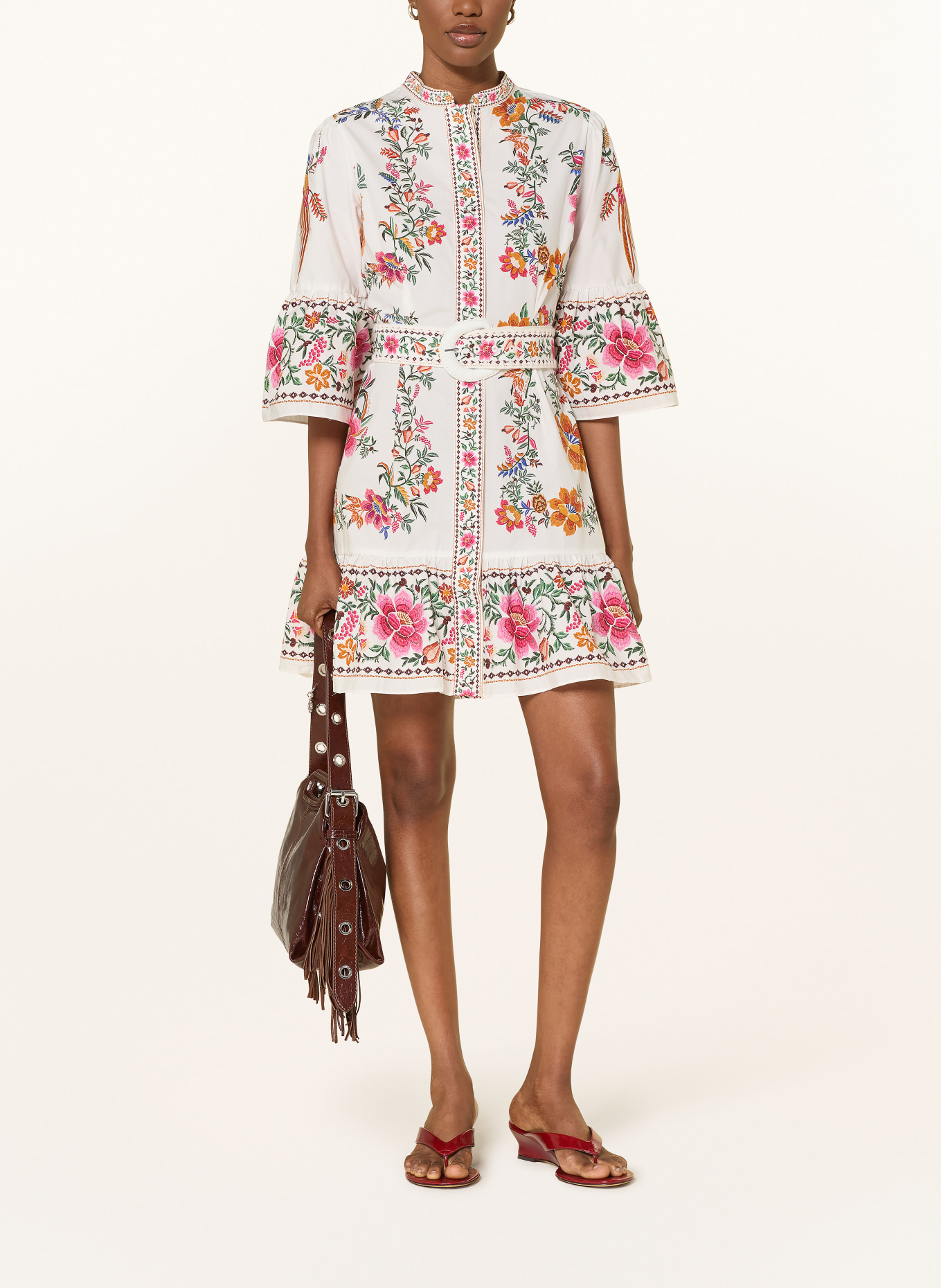 FARM RIO Dress with 3/4 sleeves: WHITE / ORANGE / GREEN