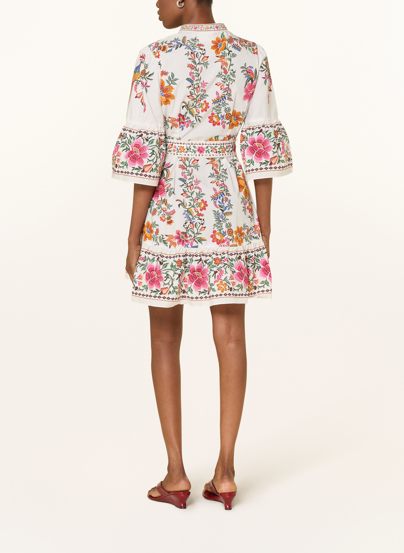 FARM RIO Dress with 3/4 sleeves: WHITE / ORANGE / GREEN