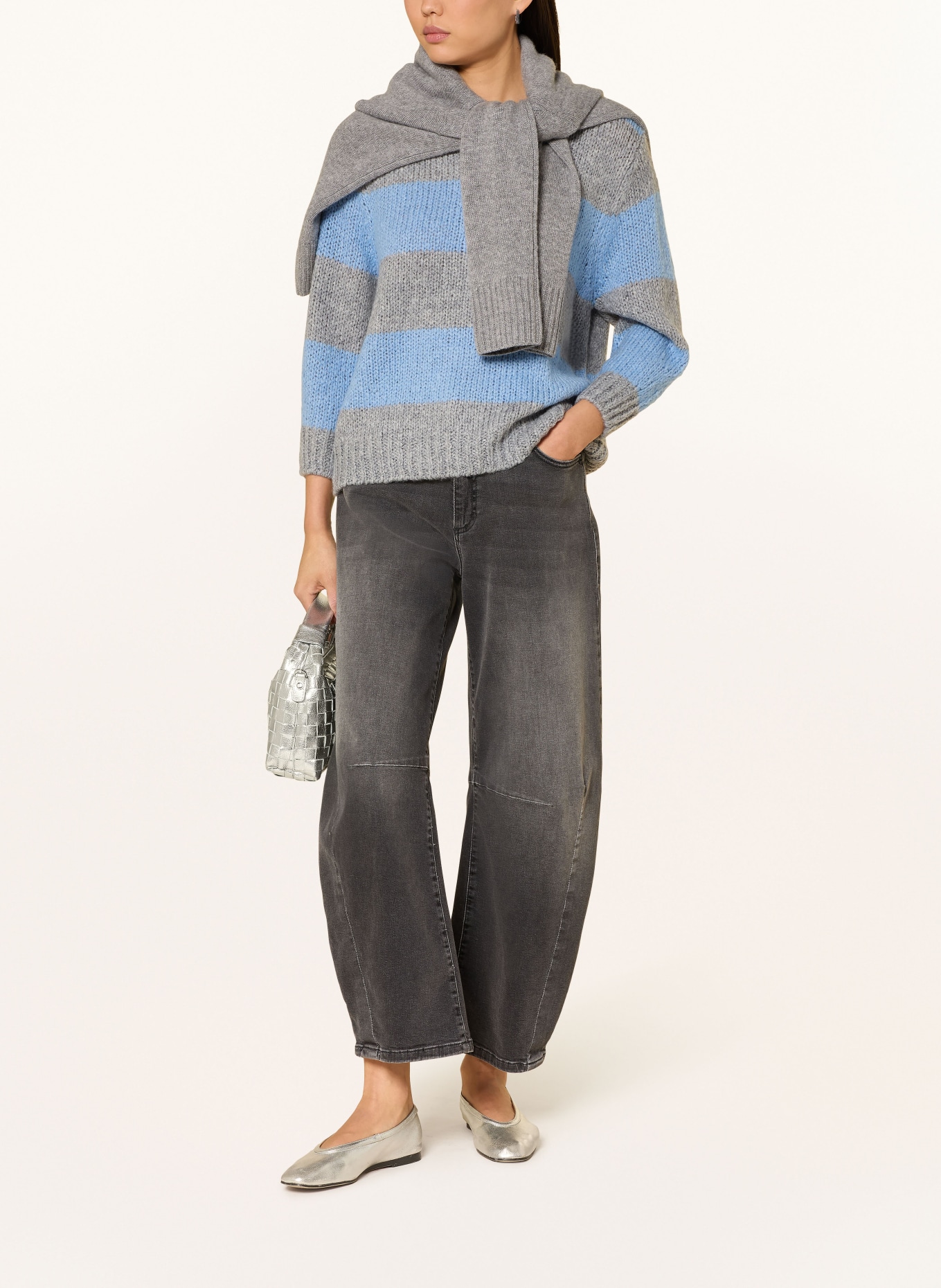 oui Sweater with 3/4 sleeves: LIGHT BLUE / GRAY