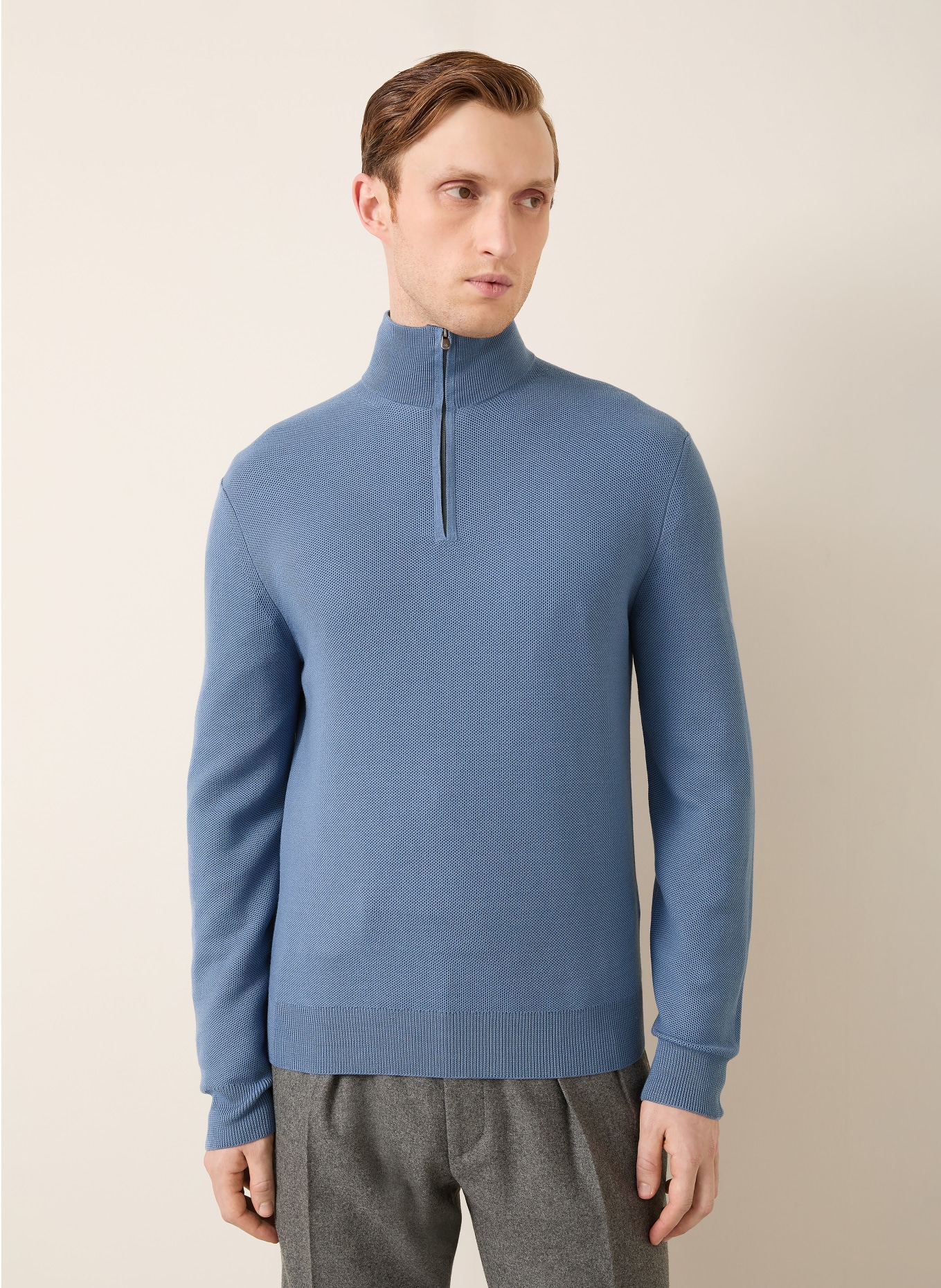 RALPH LAUREN PURPLE LABEL Piqué half-zip sweater: LIGHT BLUE