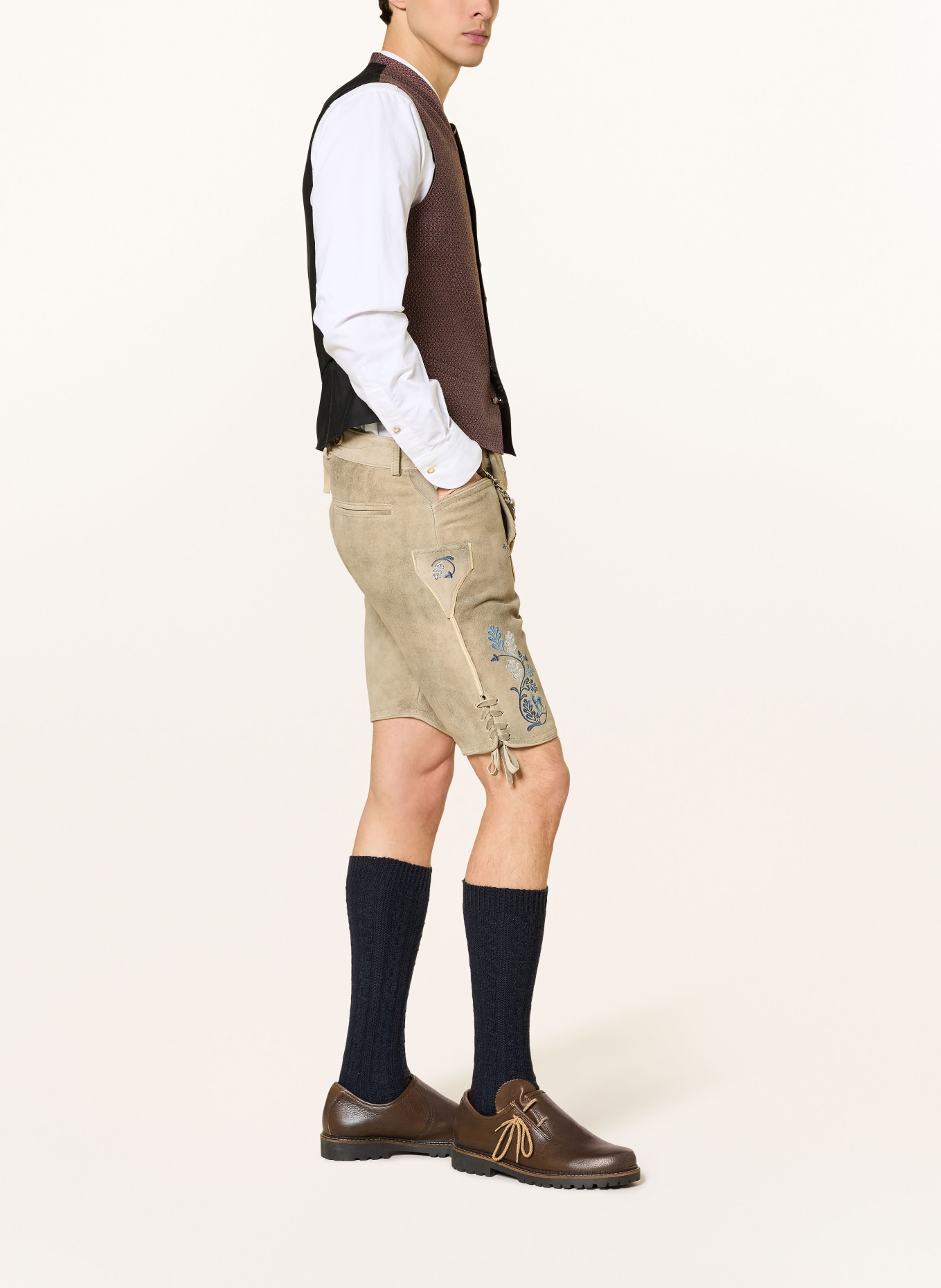 OSTARRICHI Trachten-Lederhose FRANZ: BEIGE / DUNKELBLAU / WEISS