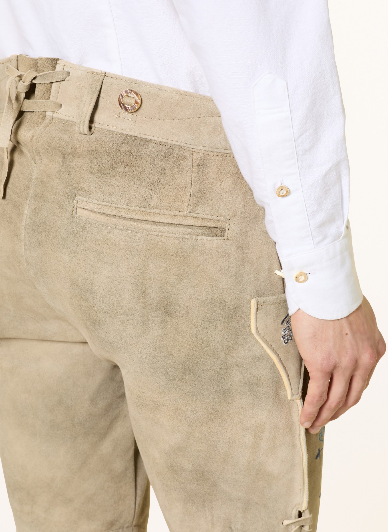 OSTARRICHI Trachten-Lederhose FRANZ: BEIGE / DUNKELBLAU / WEISS