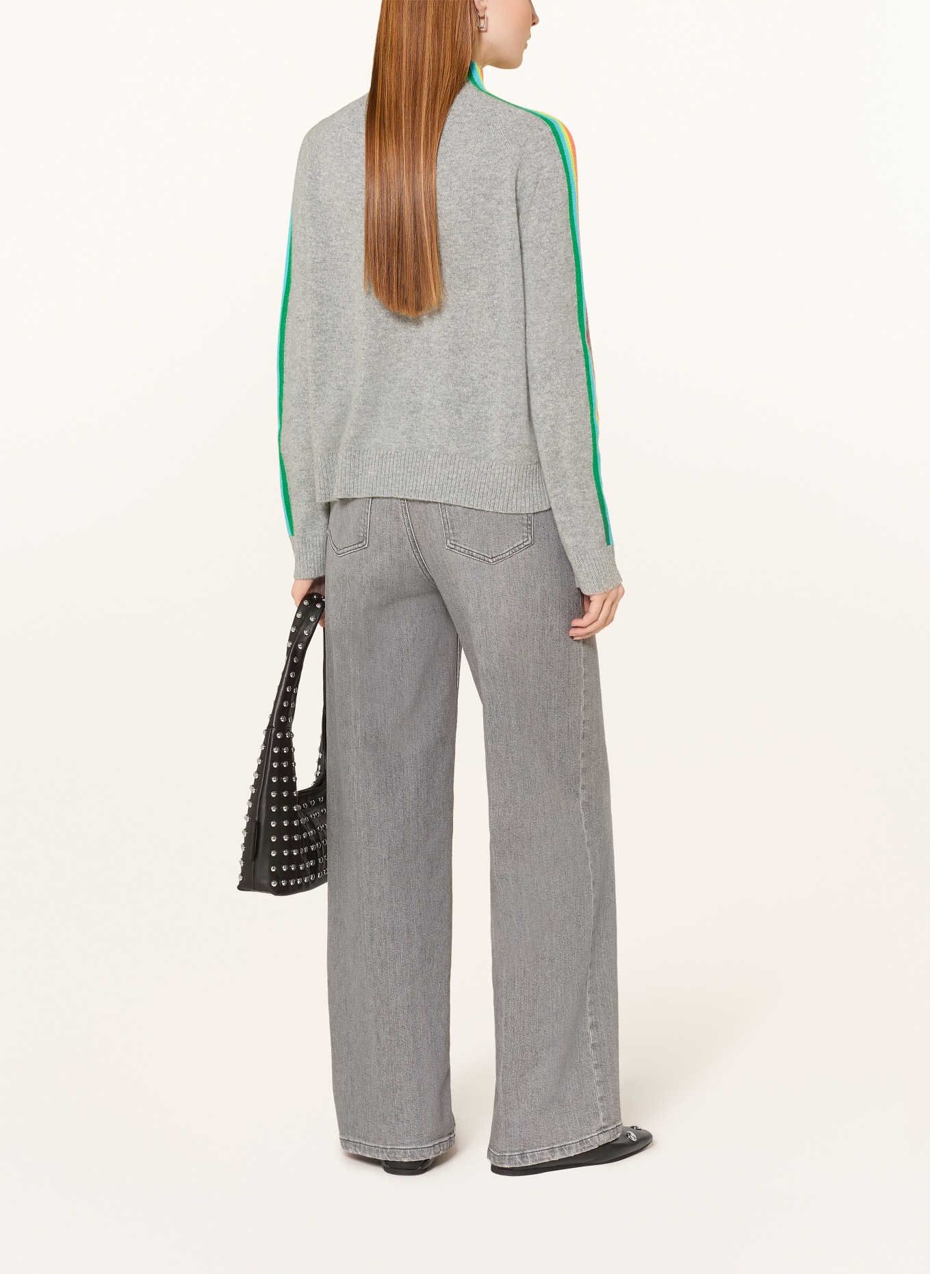 FROM FUTURE Cashmere-Pullover mit Galonstreifen: GRAU / NEONPINK / NEONGELB