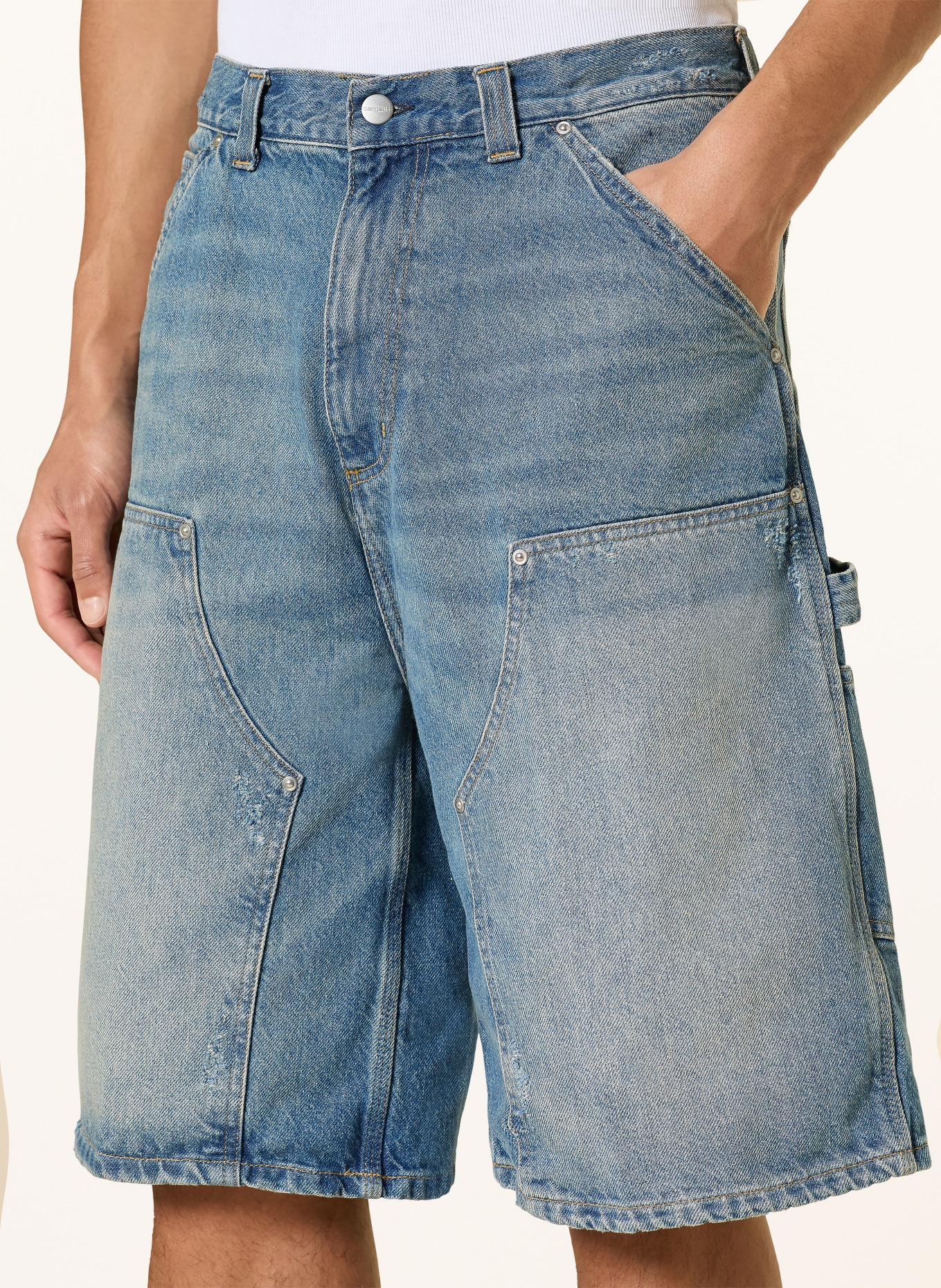 carhartt WIP OG ADEN Wide Fit Denim Shorts: 01B7 Blue, grind wash