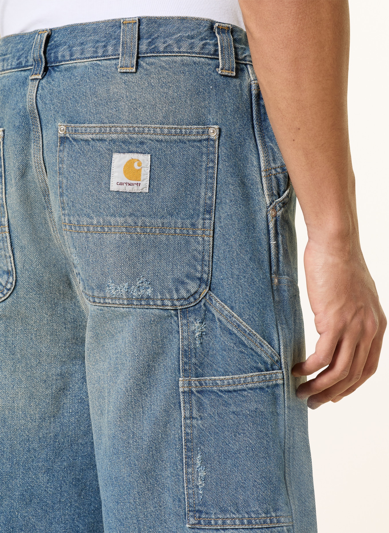 carhartt WIP OG ADEN Wide Fit Denim Shorts: 01B7 Blue, grind wash