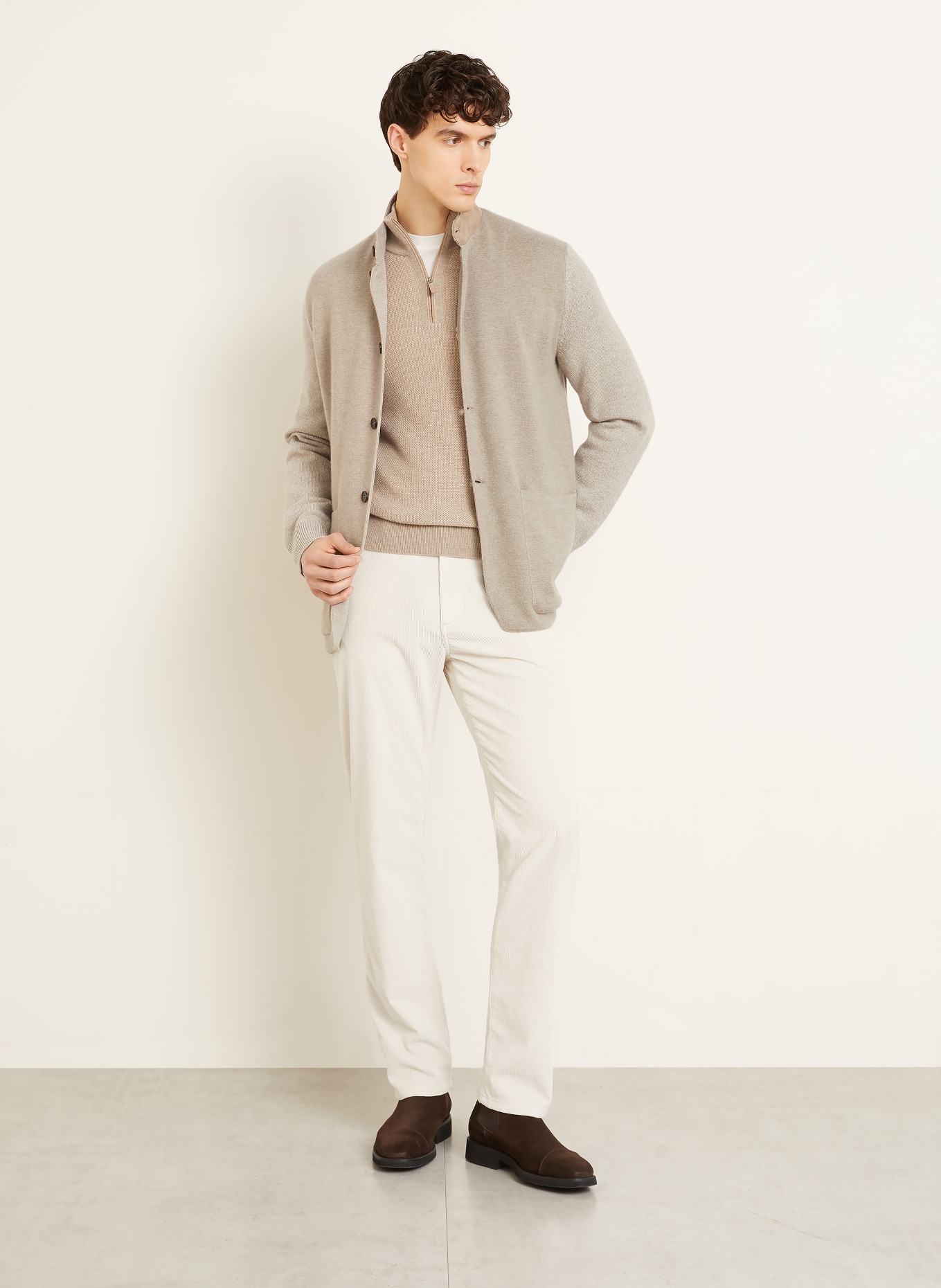 ZEGNA Cashmere-Strickjacke mit Leder: BEIGE