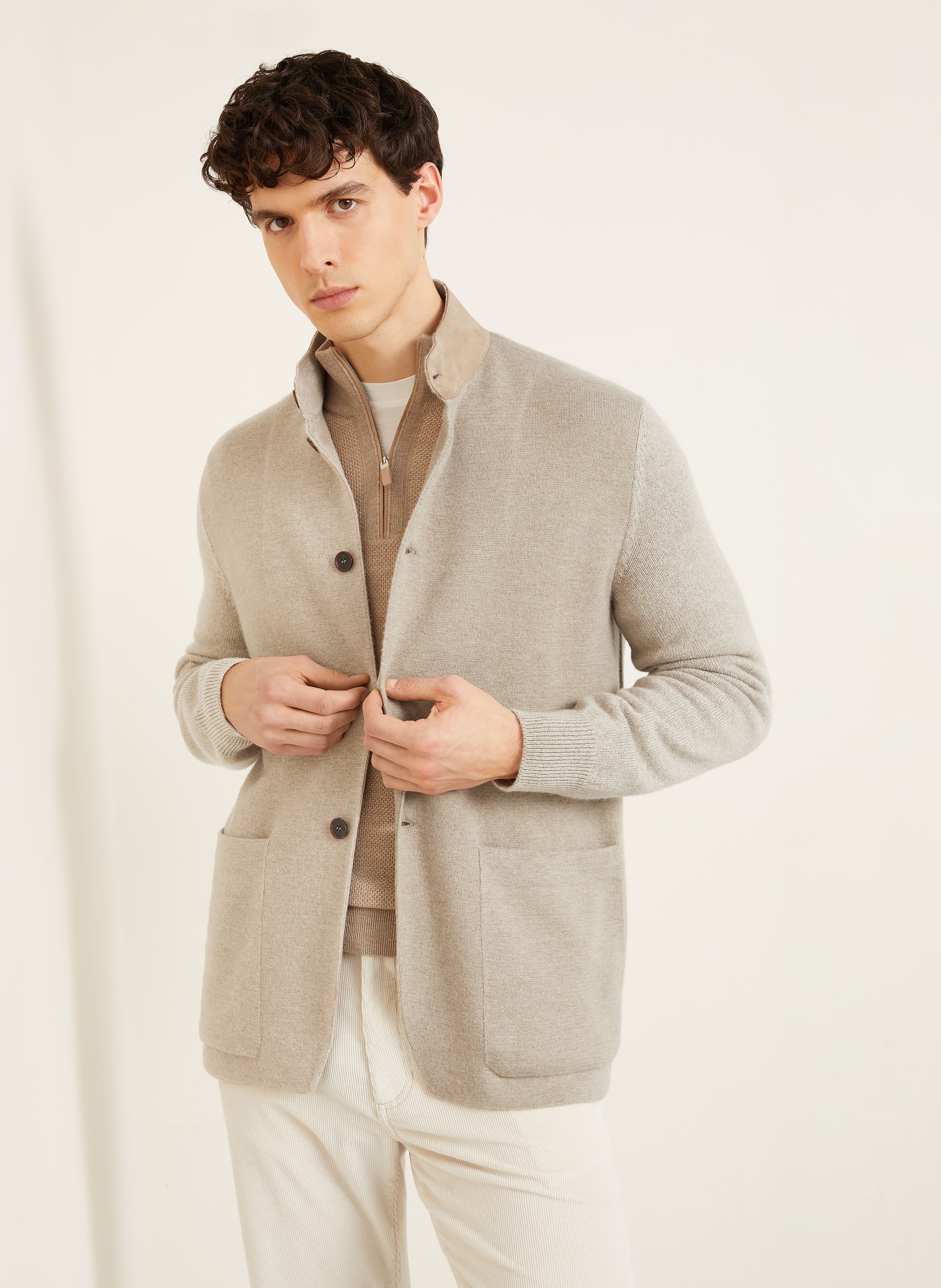 ZEGNA Cashmere-Strickjacke mit Leder: BEIGE