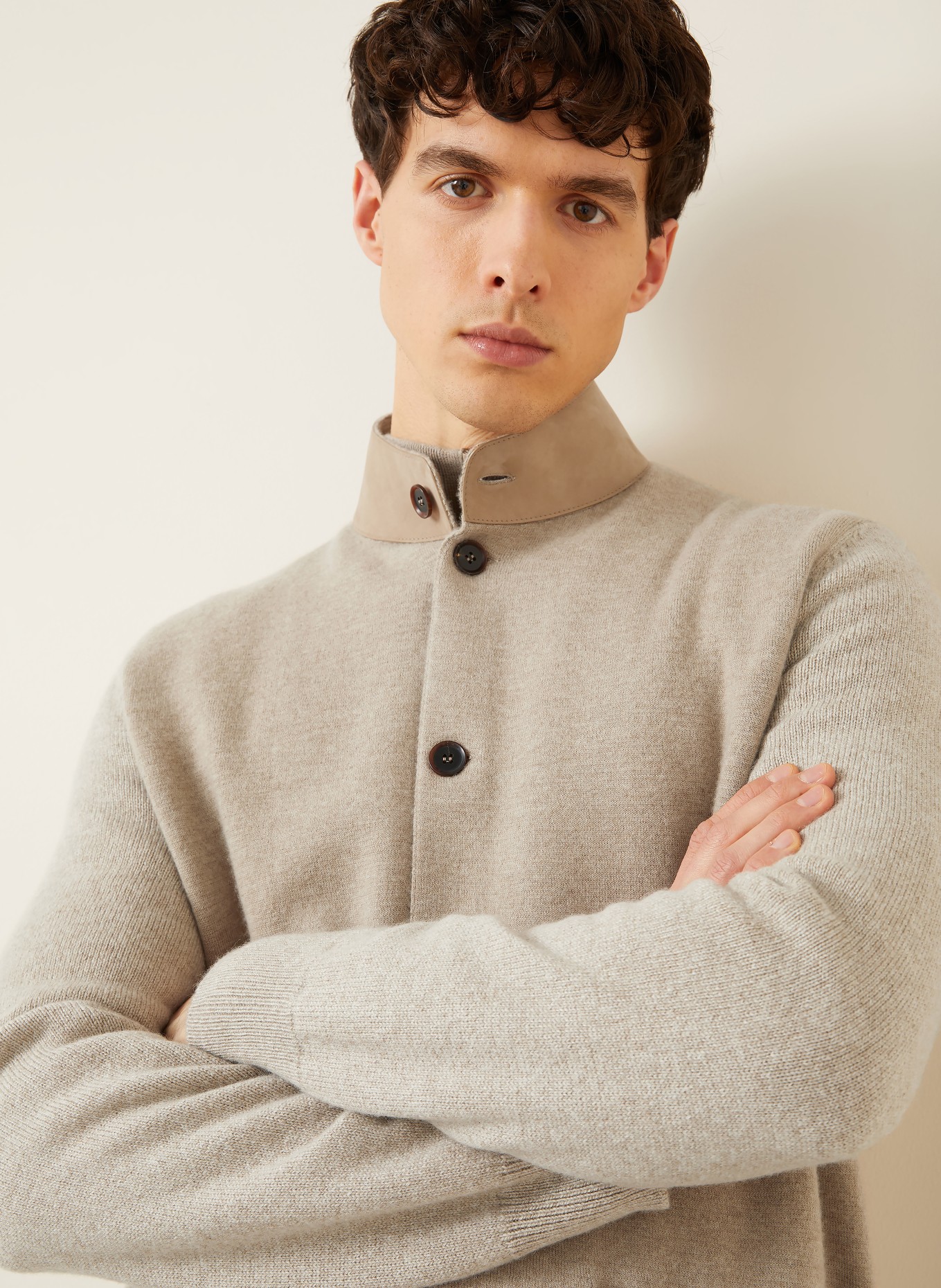 ZEGNA Cashmere-Strickjacke mit Leder: BEIGE
