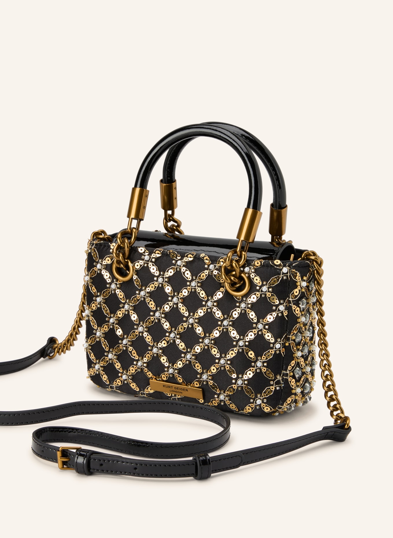 KURT GEIGER Handtasche KENSINGTON mit Pailletten und Schmucksteinen: SCHWARZ / GOLD