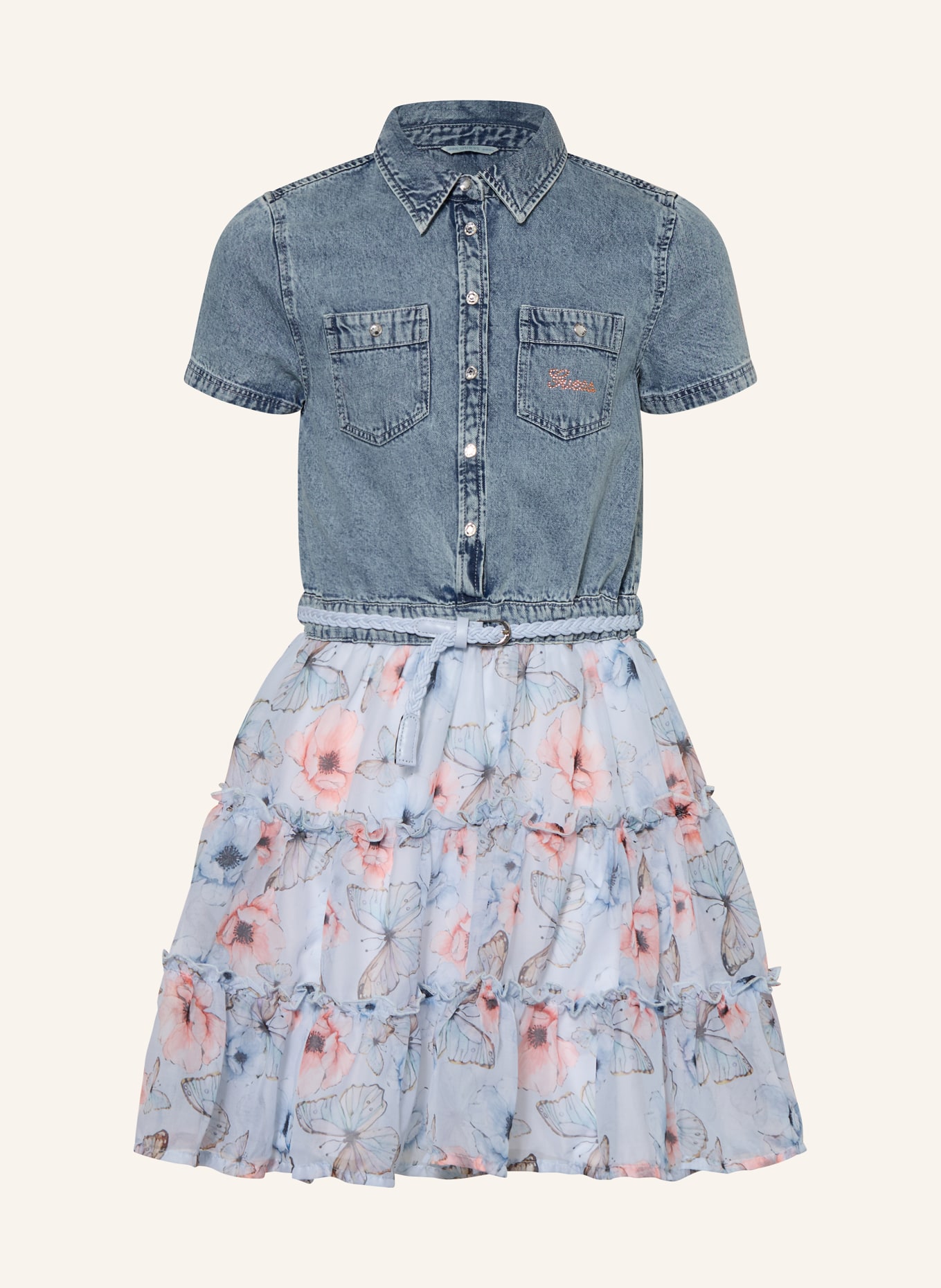 GUESS Šaty z kombinace materiálů s ozdobnými kameny: TMAVĚ MODRÁ / SVĚTLE RŮŽOVÁ