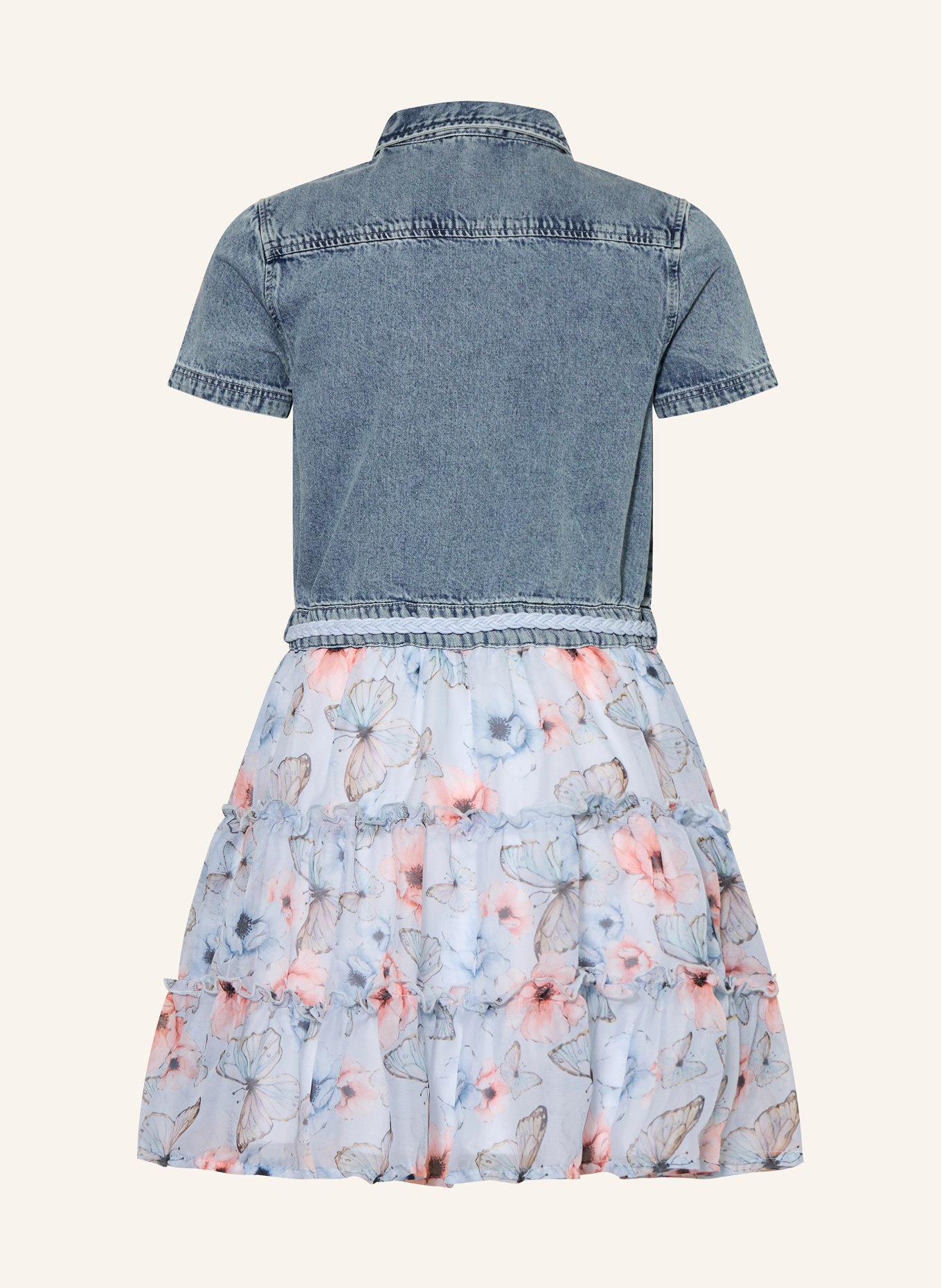 GUESS Šaty z kombinace materiálů s ozdobnými kameny: TMAVĚ MODRÁ / SVĚTLE RŮŽOVÁ