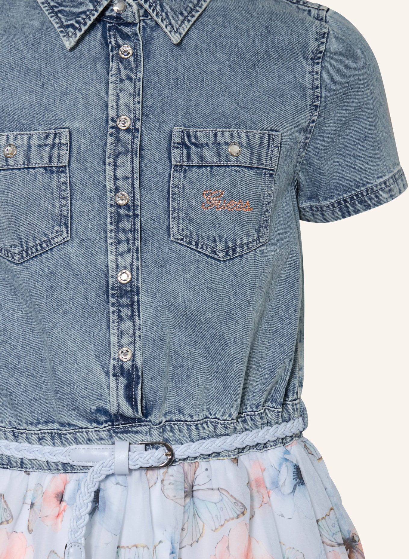 GUESS Šaty z kombinace materiálů s ozdobnými kameny: TMAVĚ MODRÁ / SVĚTLE RŮŽOVÁ