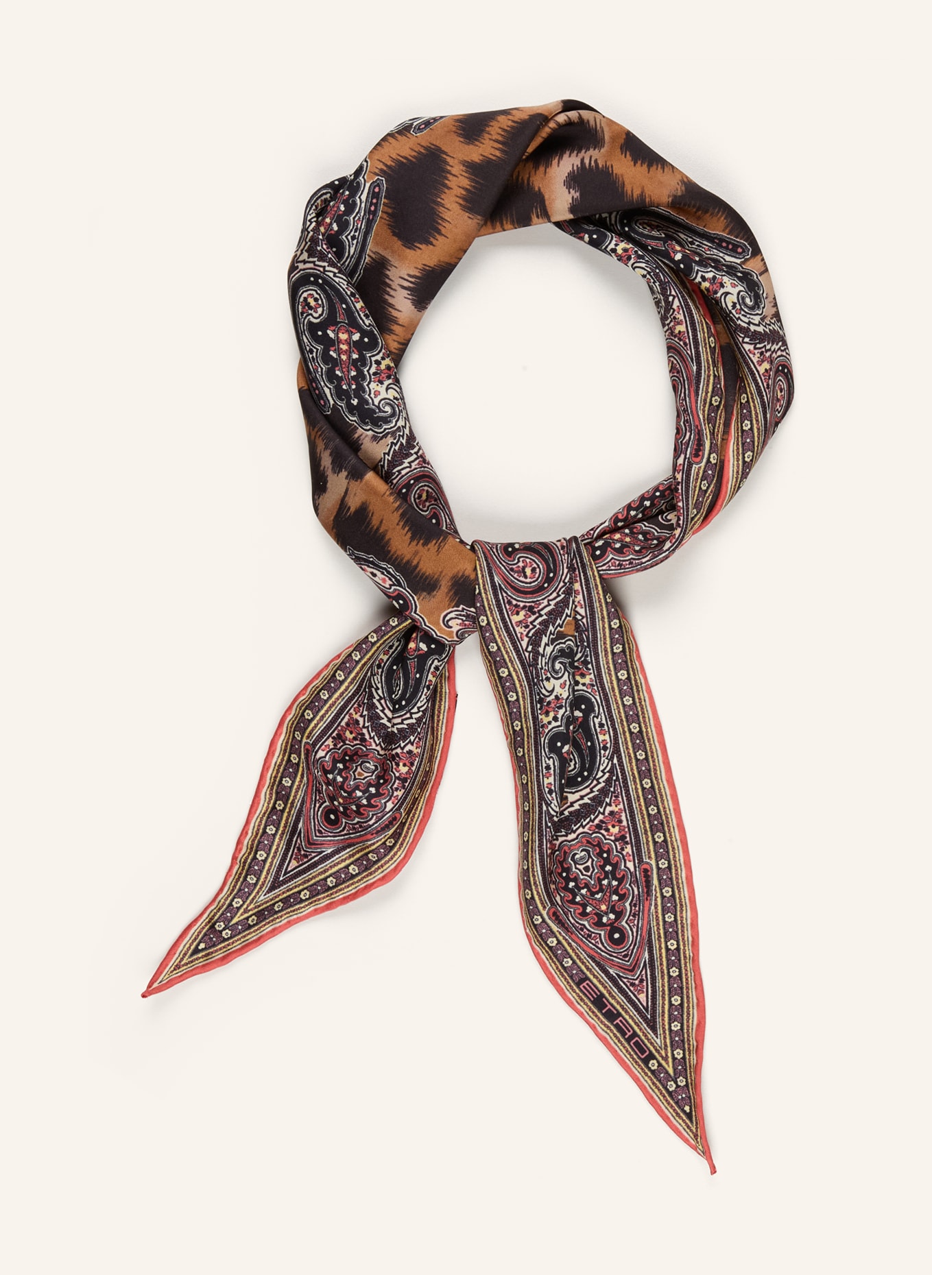 ETRO Hedvábný trojúhelníkový šátek: HNĚDÁ / ČERVENÁ / ČERNÁ